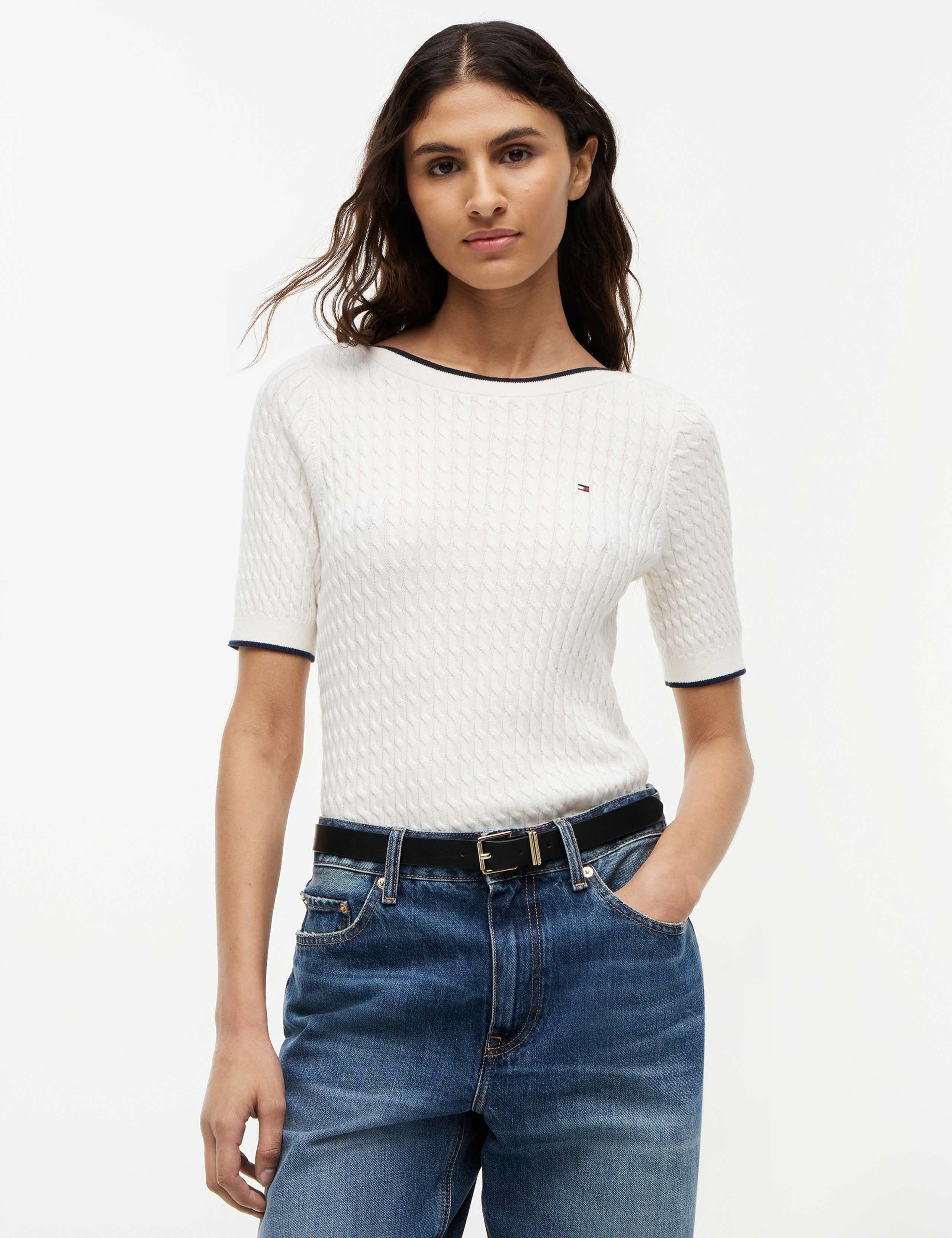 Pure Cotton Cable Knit Slash Neck Knitted Top