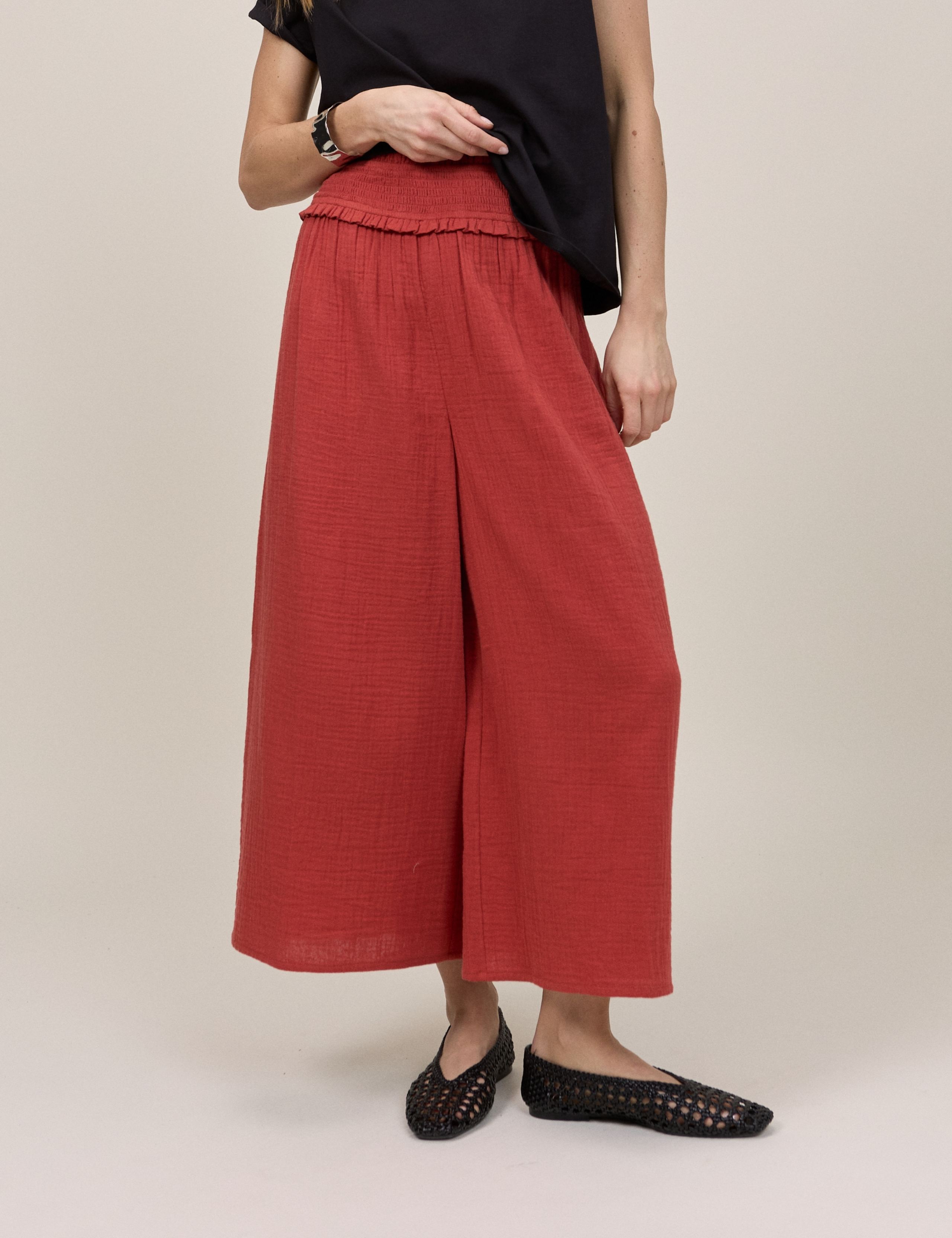 Double Gauze Cropped Wide Leg Trousers