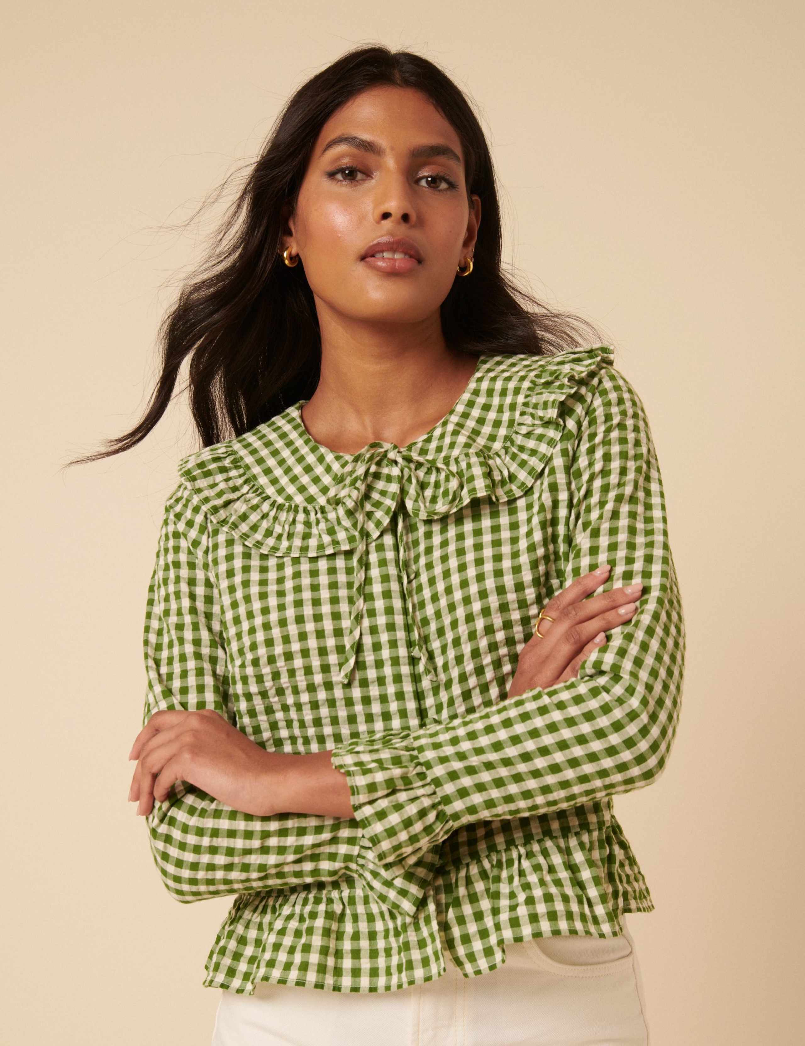 Pure Cotton Checked Peter Pan Collar Blouse