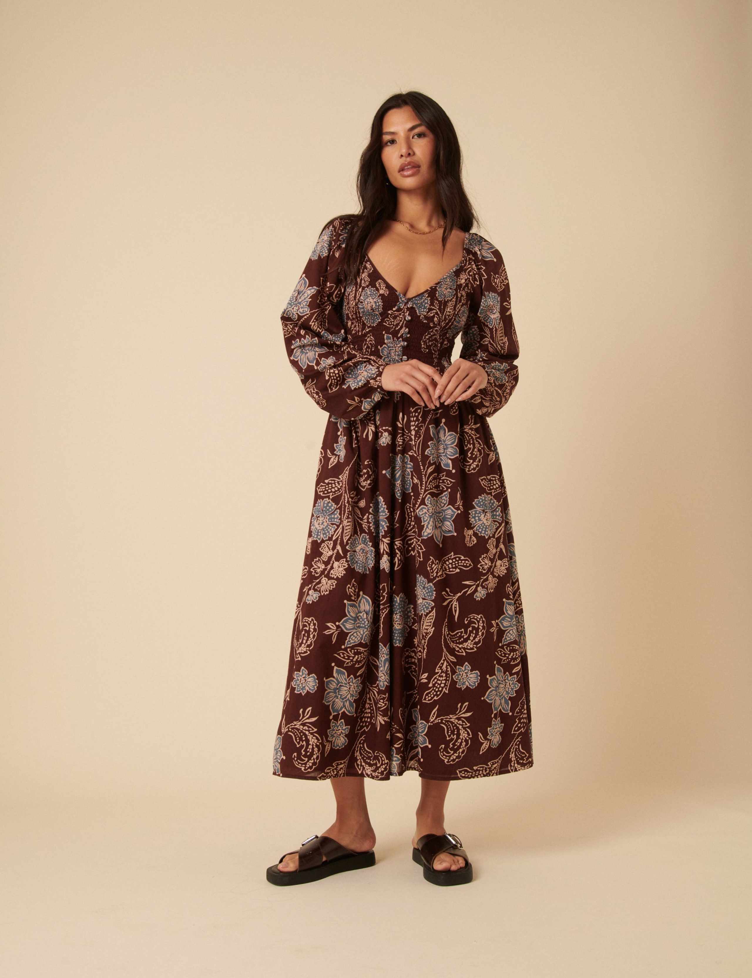 Pure Cotton Floral V-Neck Midi Waisted Dress