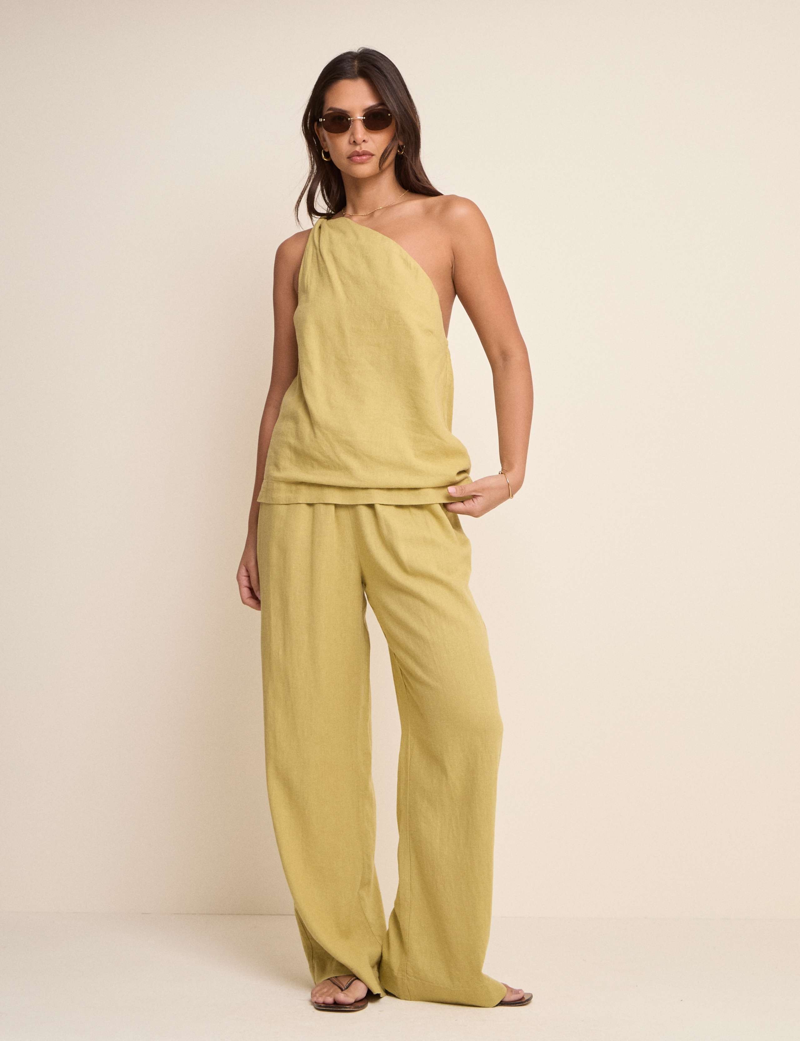 Linen Rich One Shoulder Twisted Top