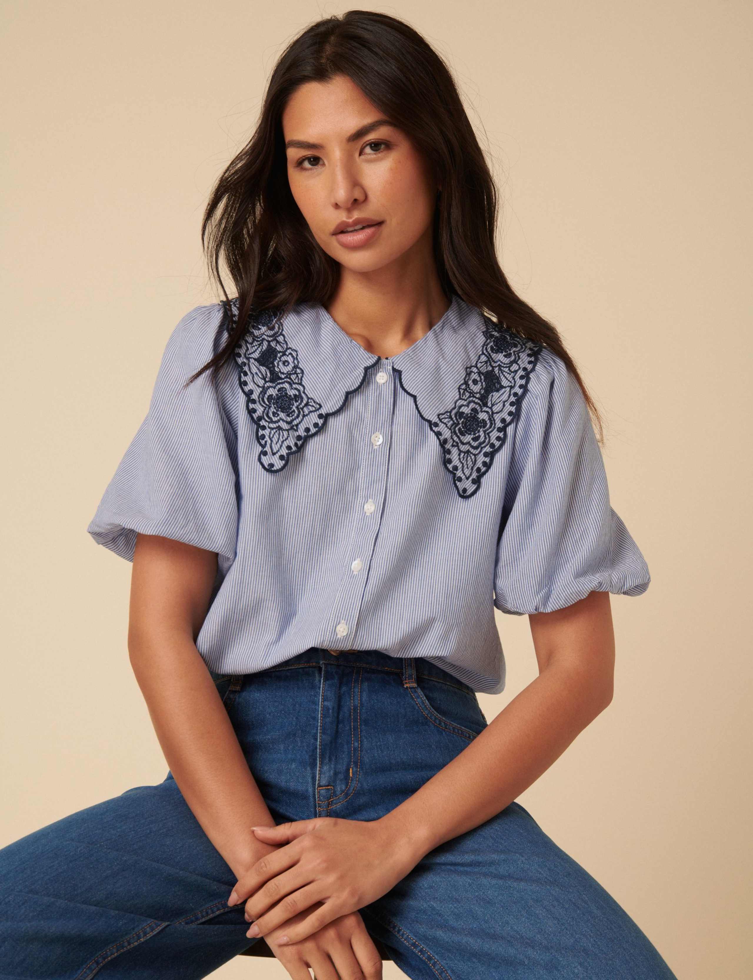 Cotton Embroidered Collared  Blouse