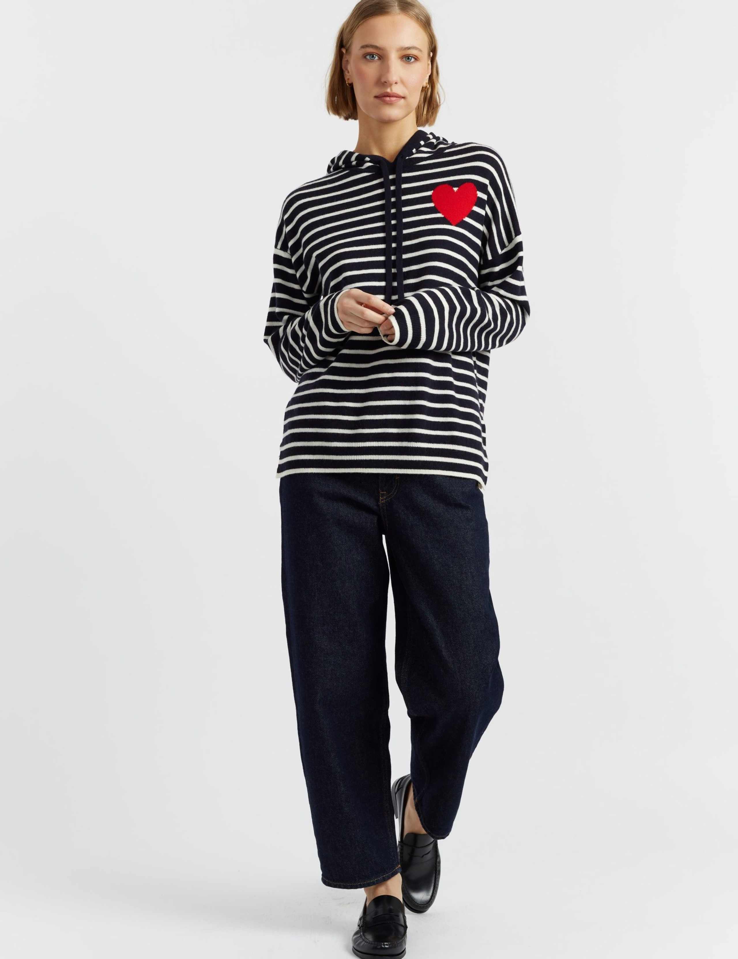 Wool-Rich Striped Heart Hoodie with Cashmere