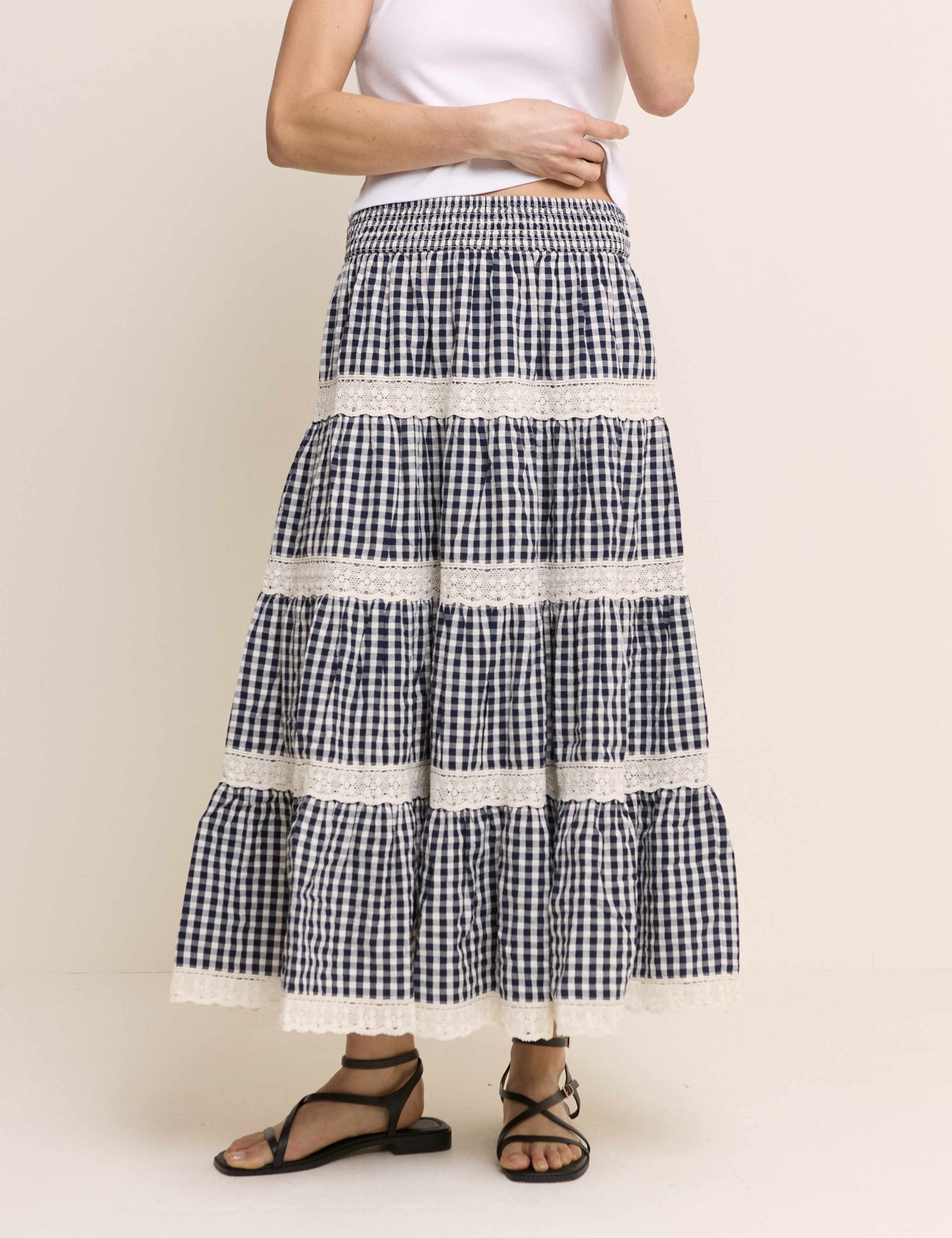 Pure Cotton Gingham Midi Tiered Skirt