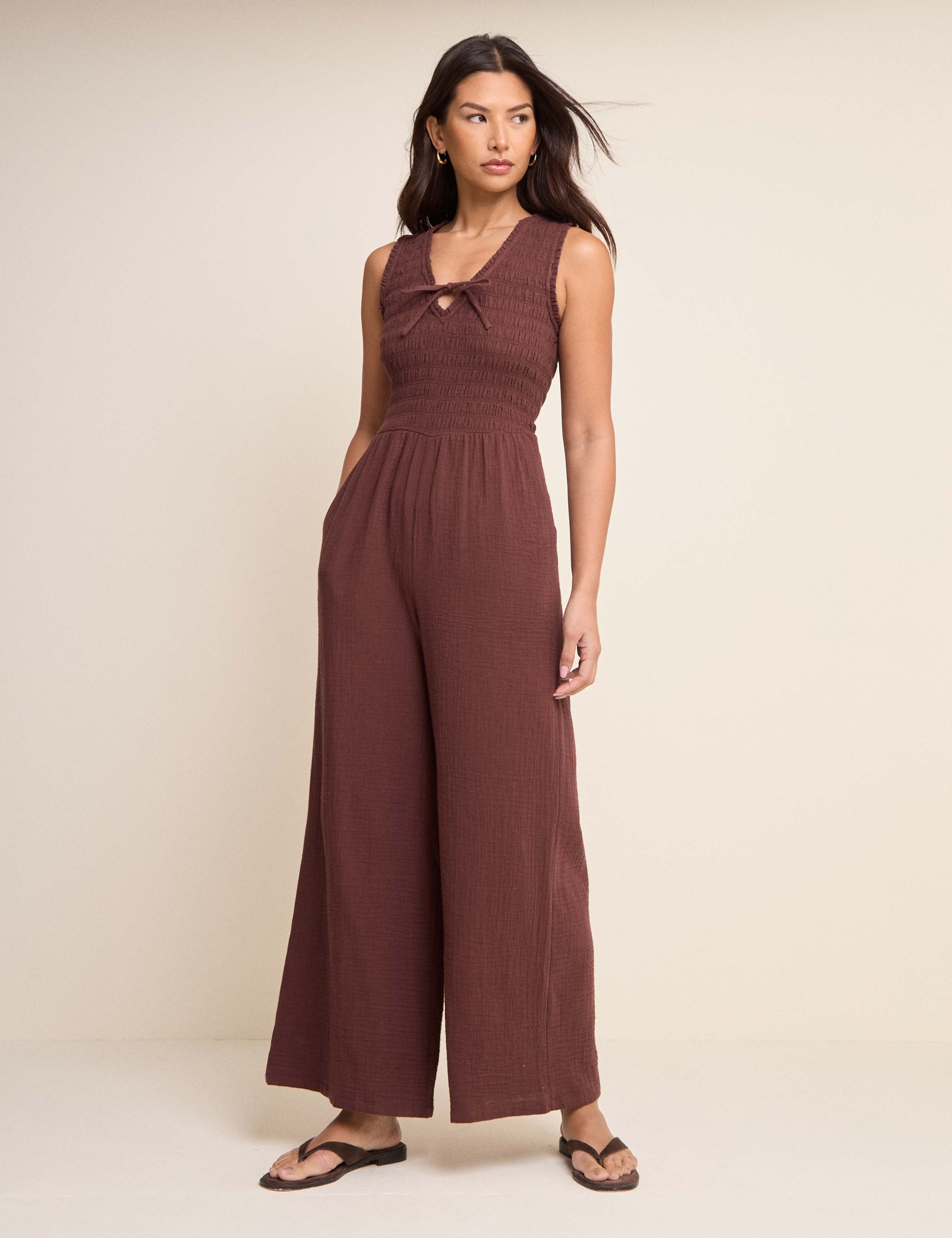 Pure Cotton Shirred Sleeveless Jumpsuit