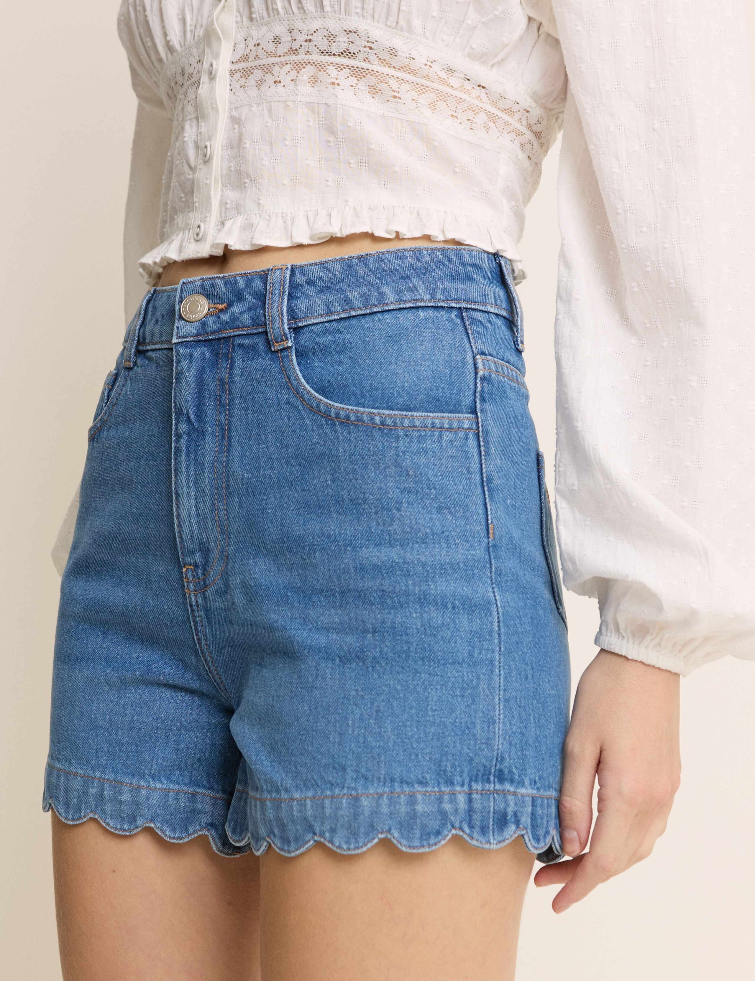 Denim Scallop Hem Shorts