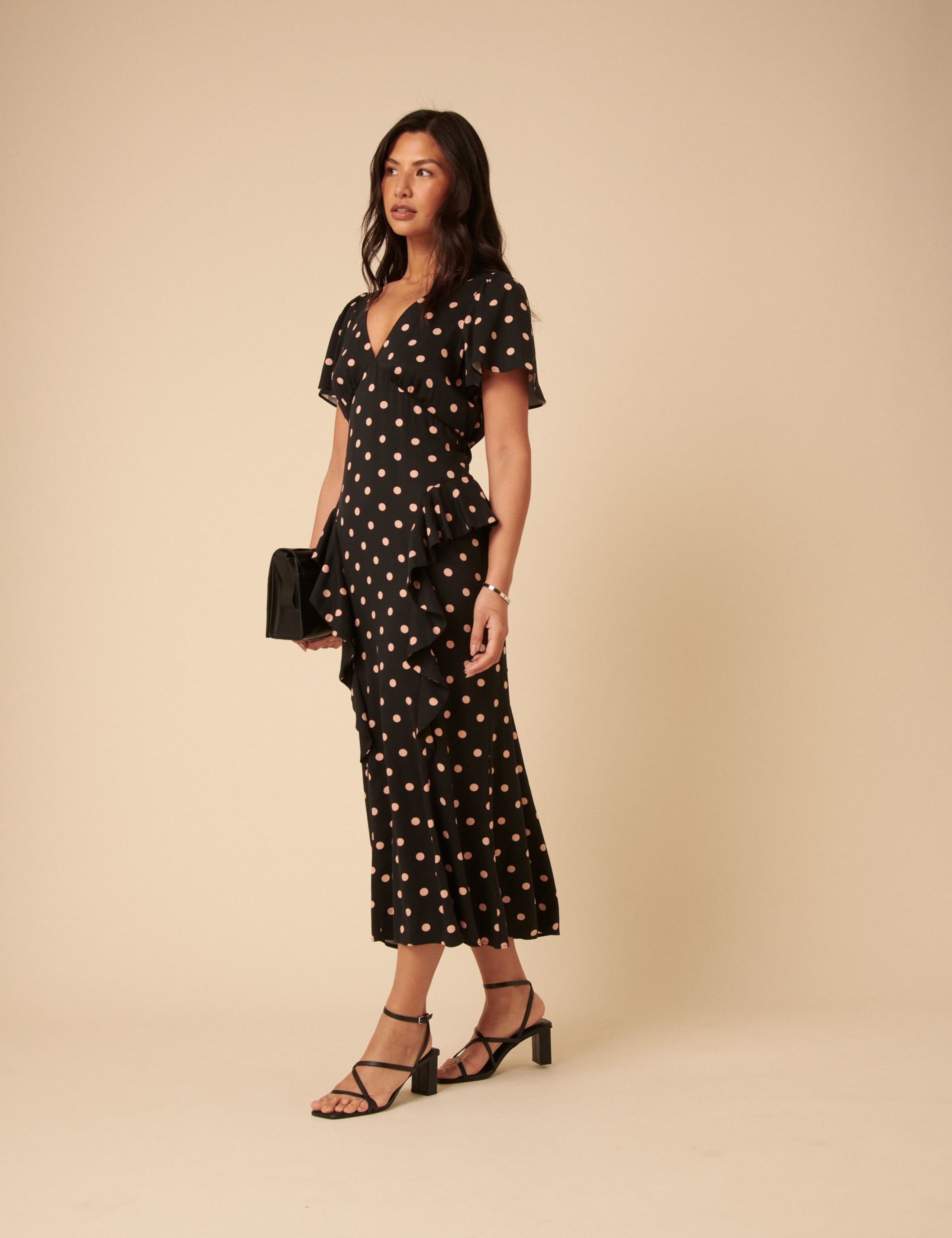 Polka Dot Frill Detail Midi Dress