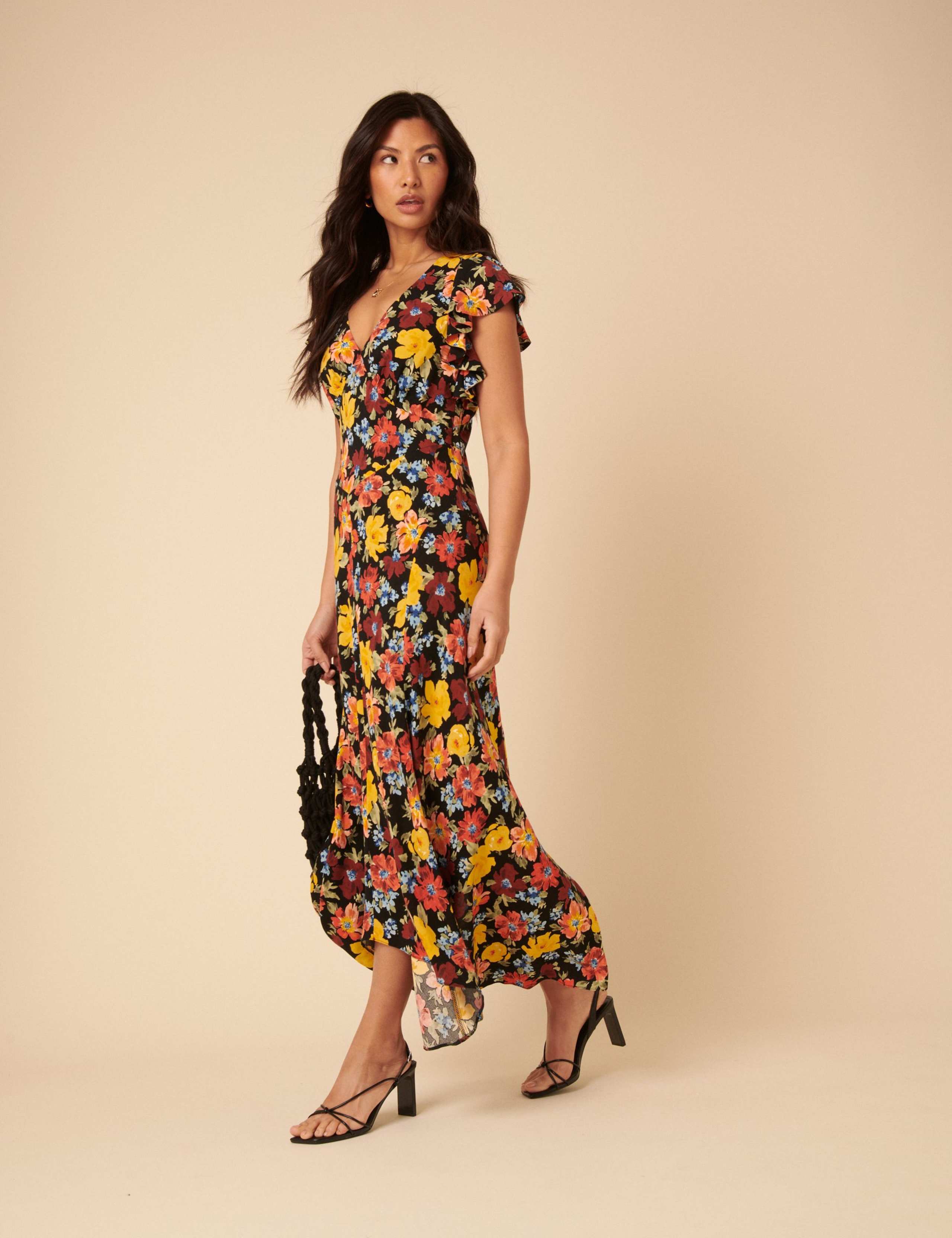 Floral Ruffle V-Neck Midi Dress