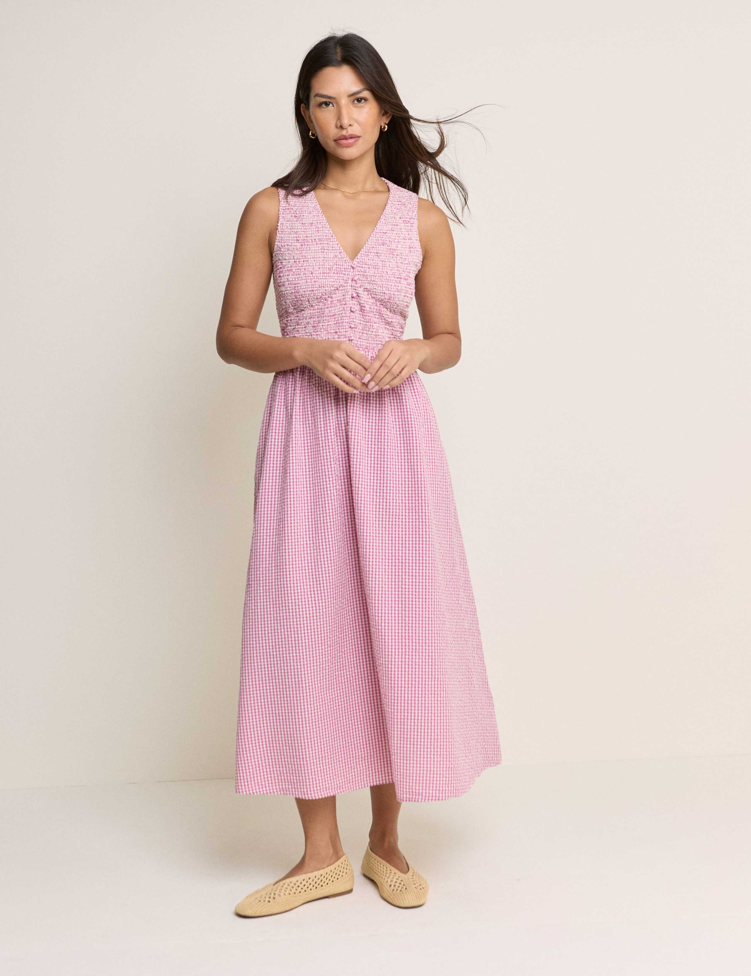 Pure Cotton Gingham V-Neck Midi Dress