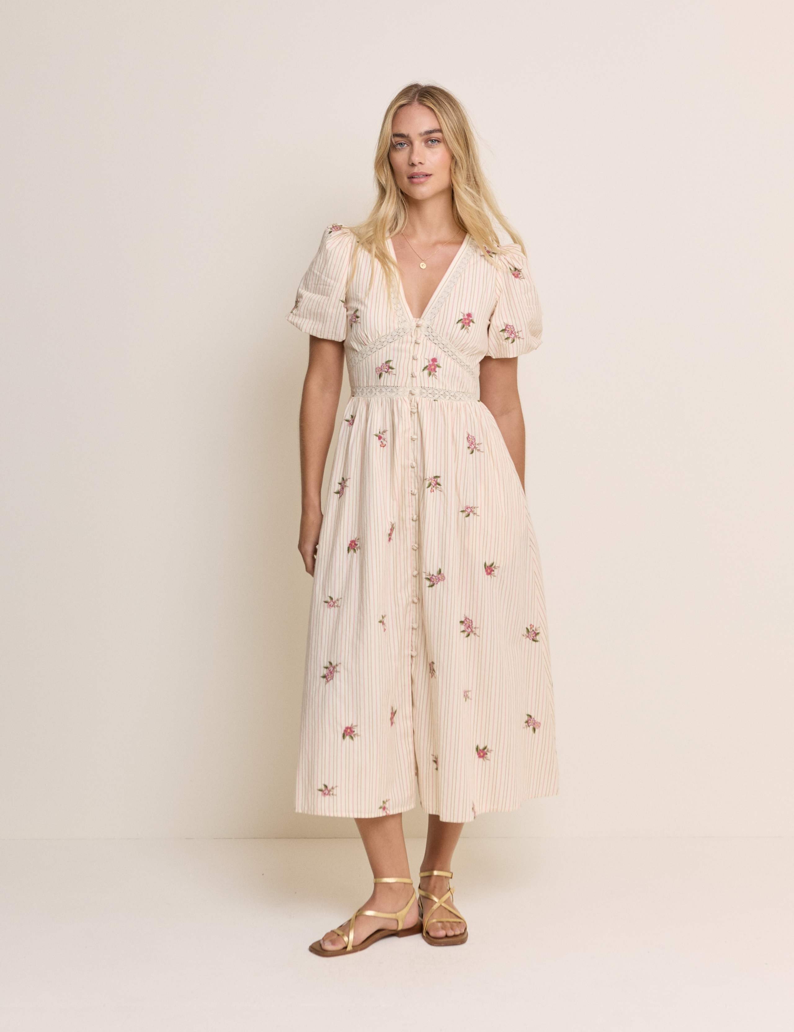 Pure Cotton Floral Midaxi Waisted Dress