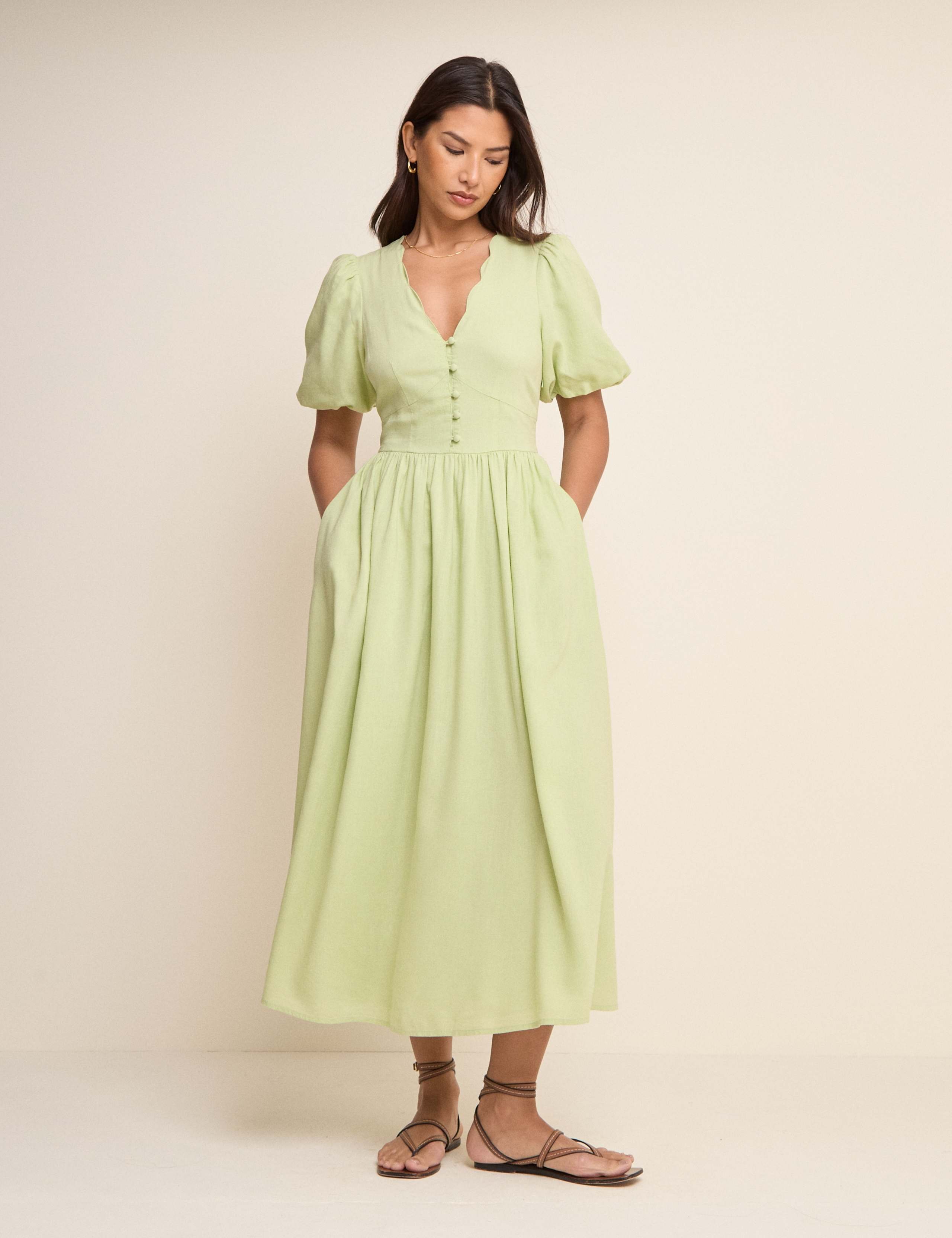 Lyocell Rich V-Neck Midi Dress With Linen