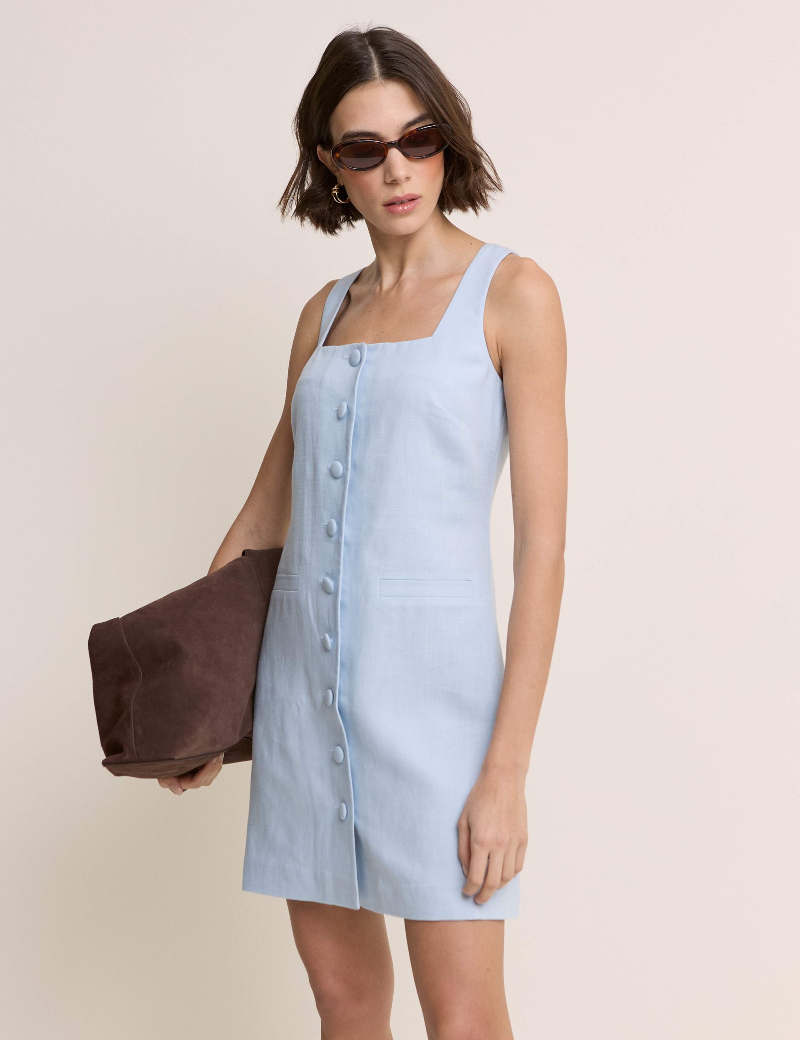 Square Neck Mini Tailored Dress with Linen