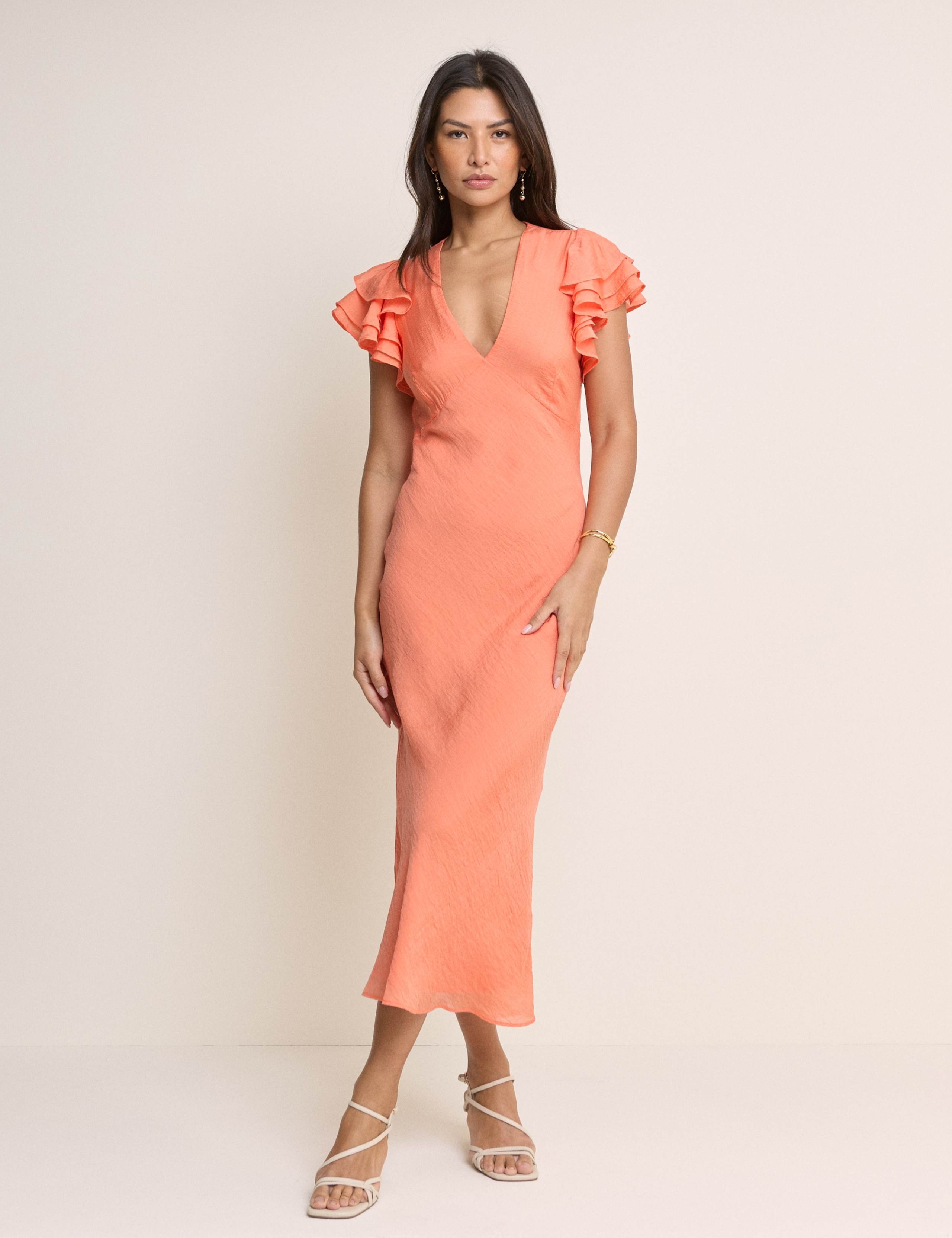V-Neck Ruffle Sleeve Midi Bodycon Dress