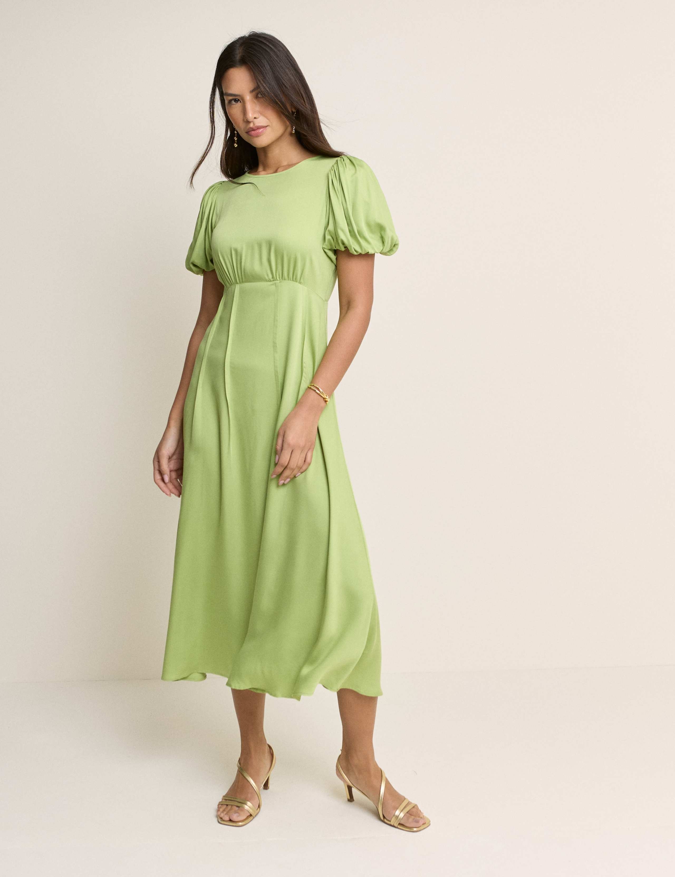Round Neck Puff Sleeve Midi Waisted Dress