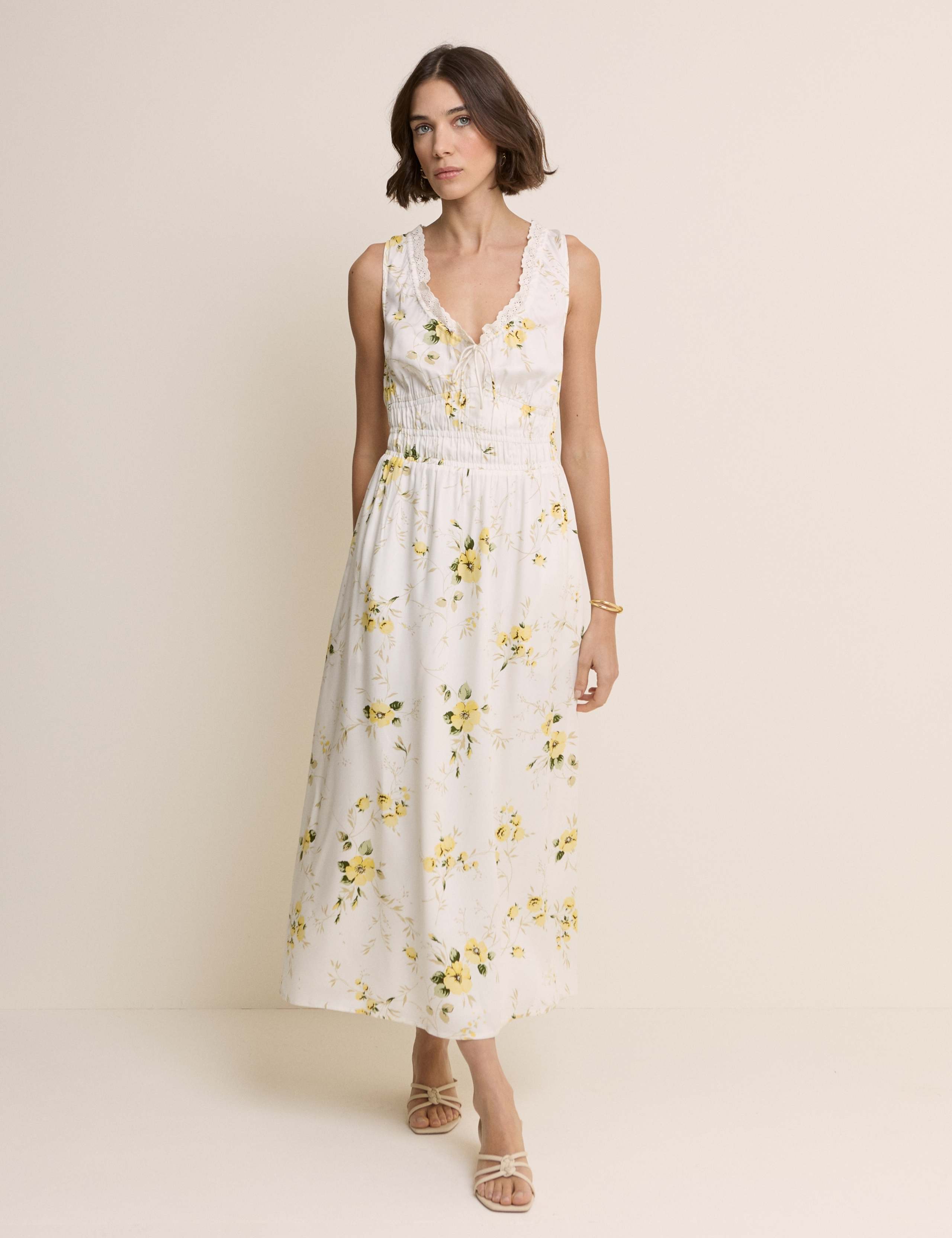 Floral V-Neck Lace Trim Midi Waisted Dress
