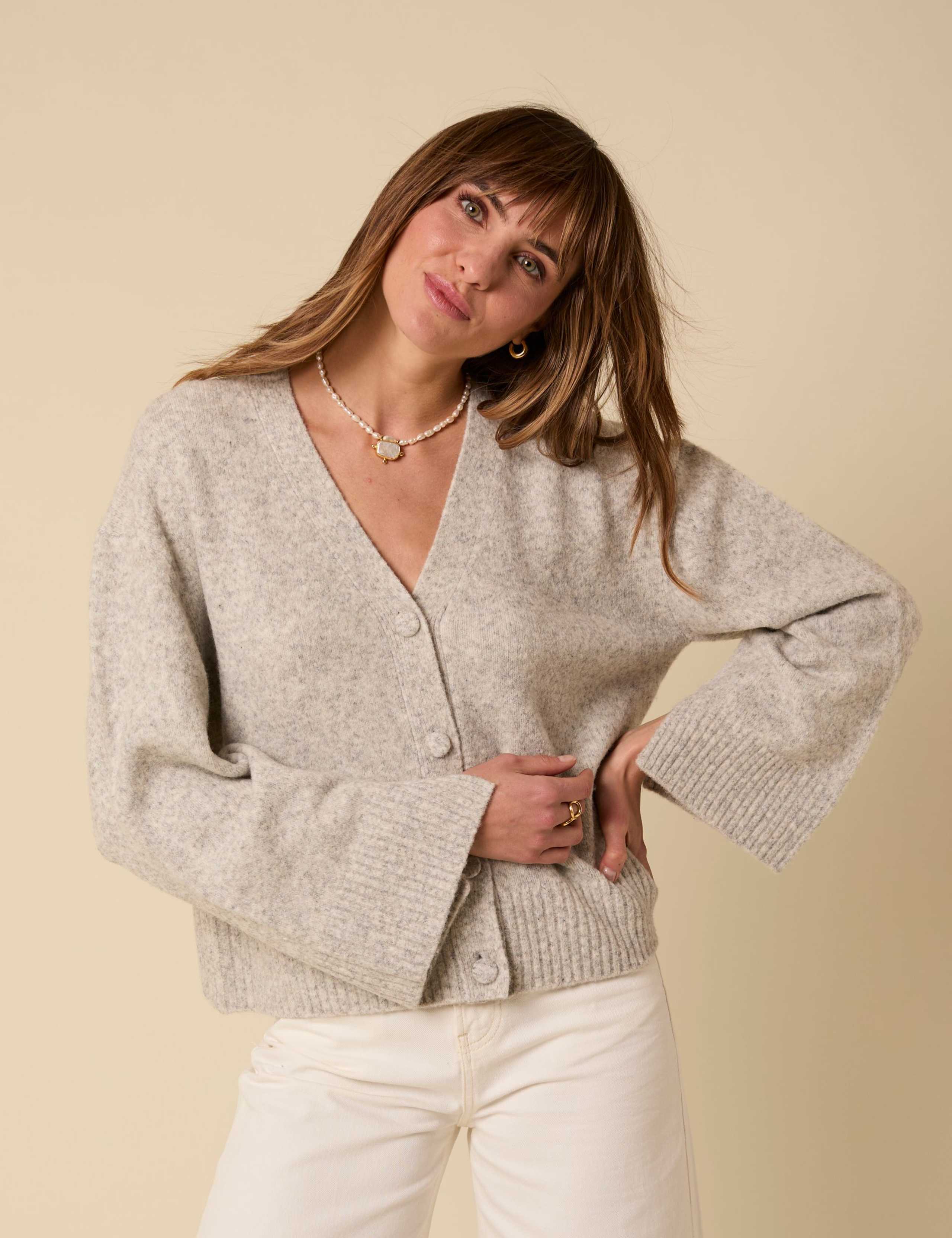 Textured V-Neck Relaxed Cardigan with Wool