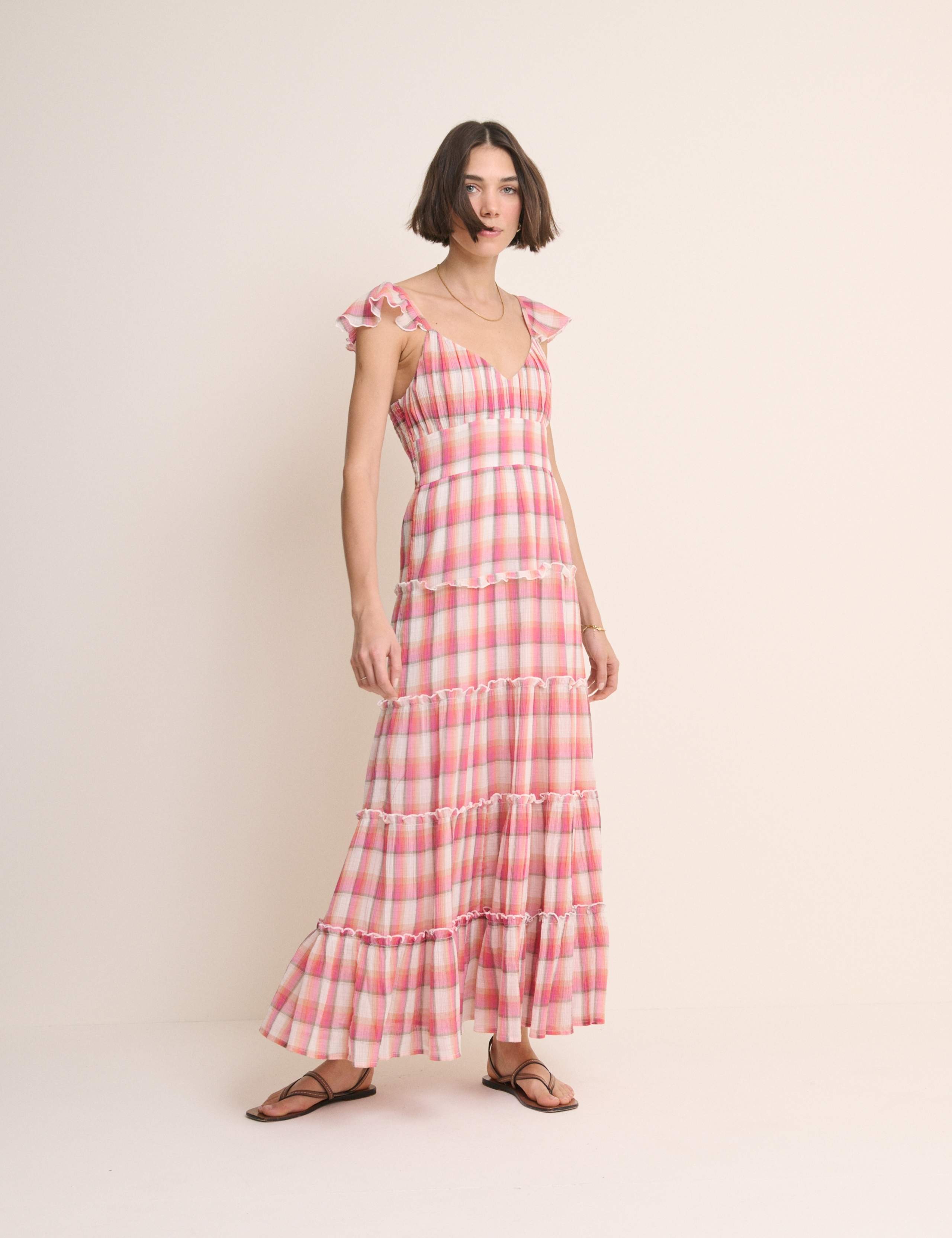 Pure Cotton Checked V-Neck Maxi Dress QT