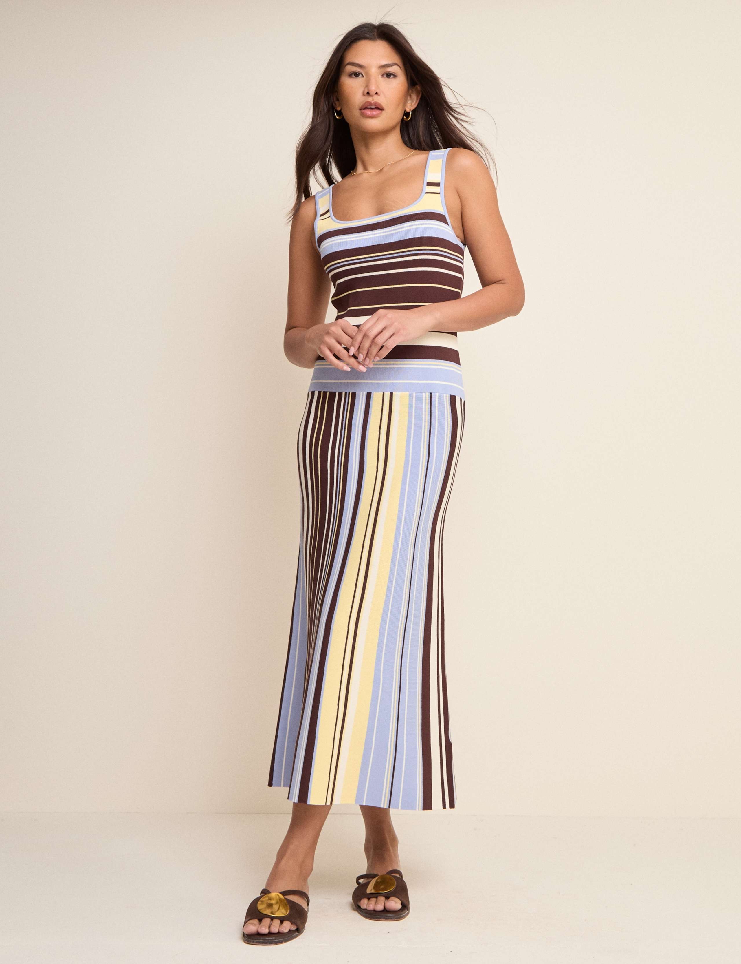 Striped Knitted Square Neck Midi Bodycon Dress