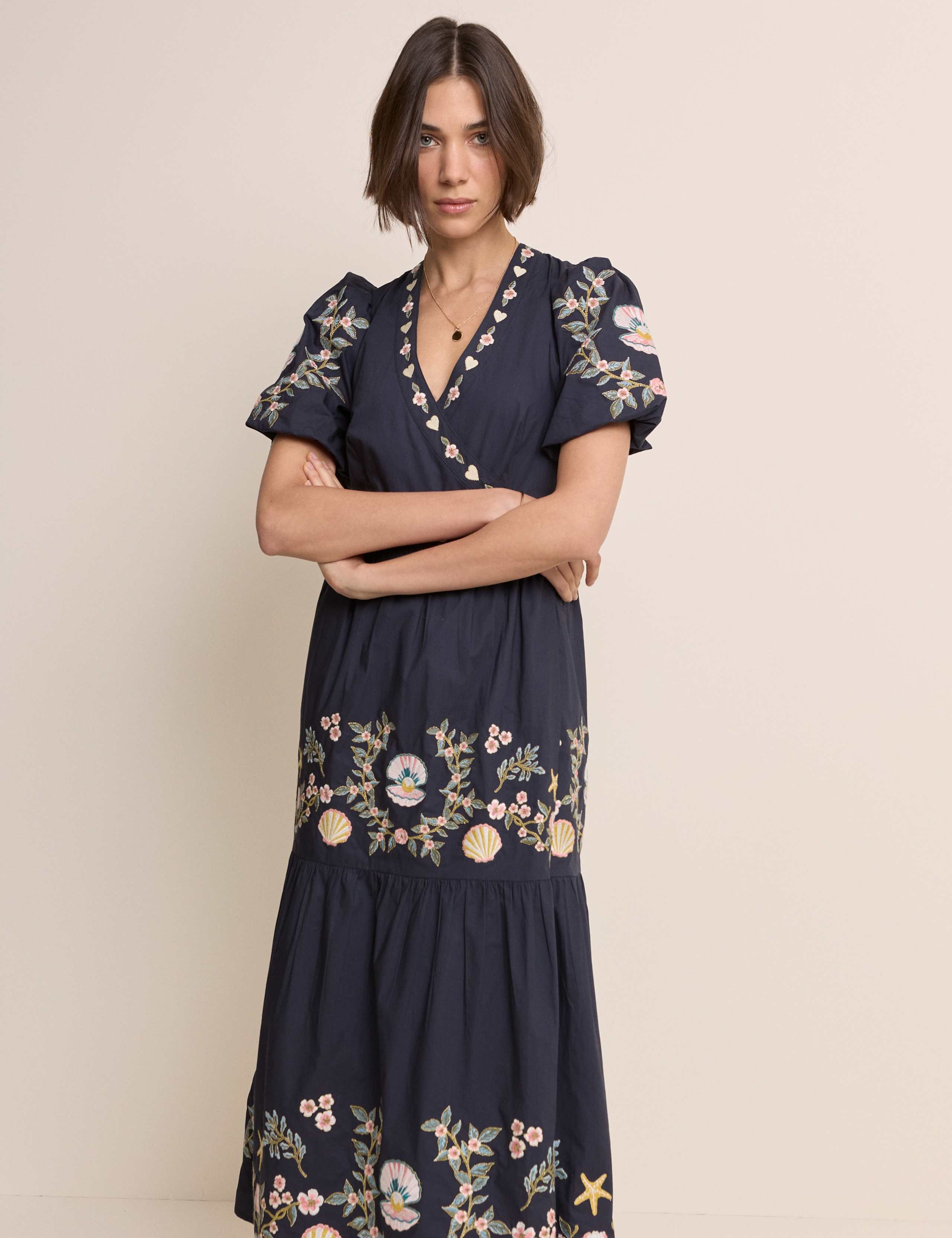 Pure Cotton Embroidered Midi Tiered Dress