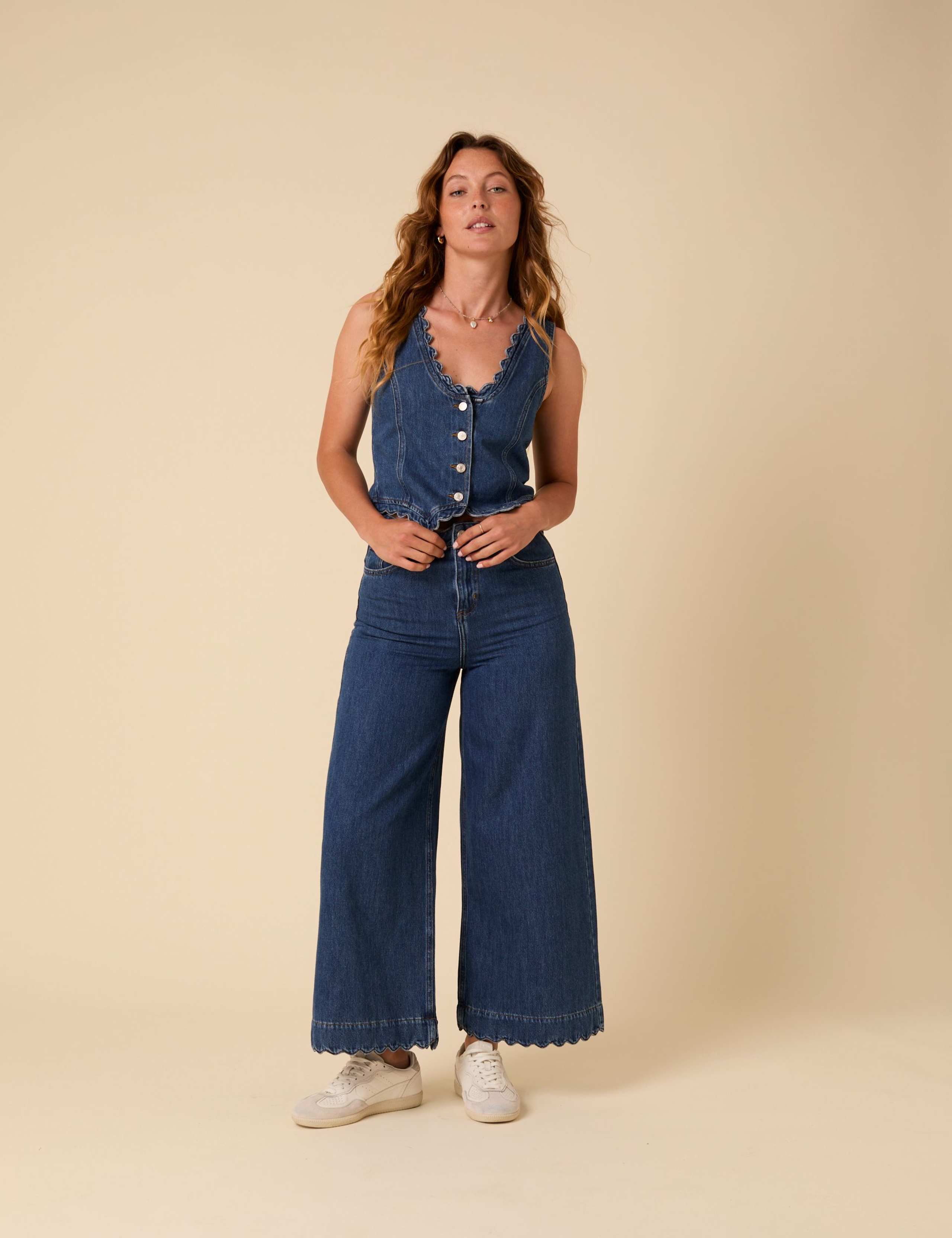 Denim Scalloped Cropped Palazzo Jeans