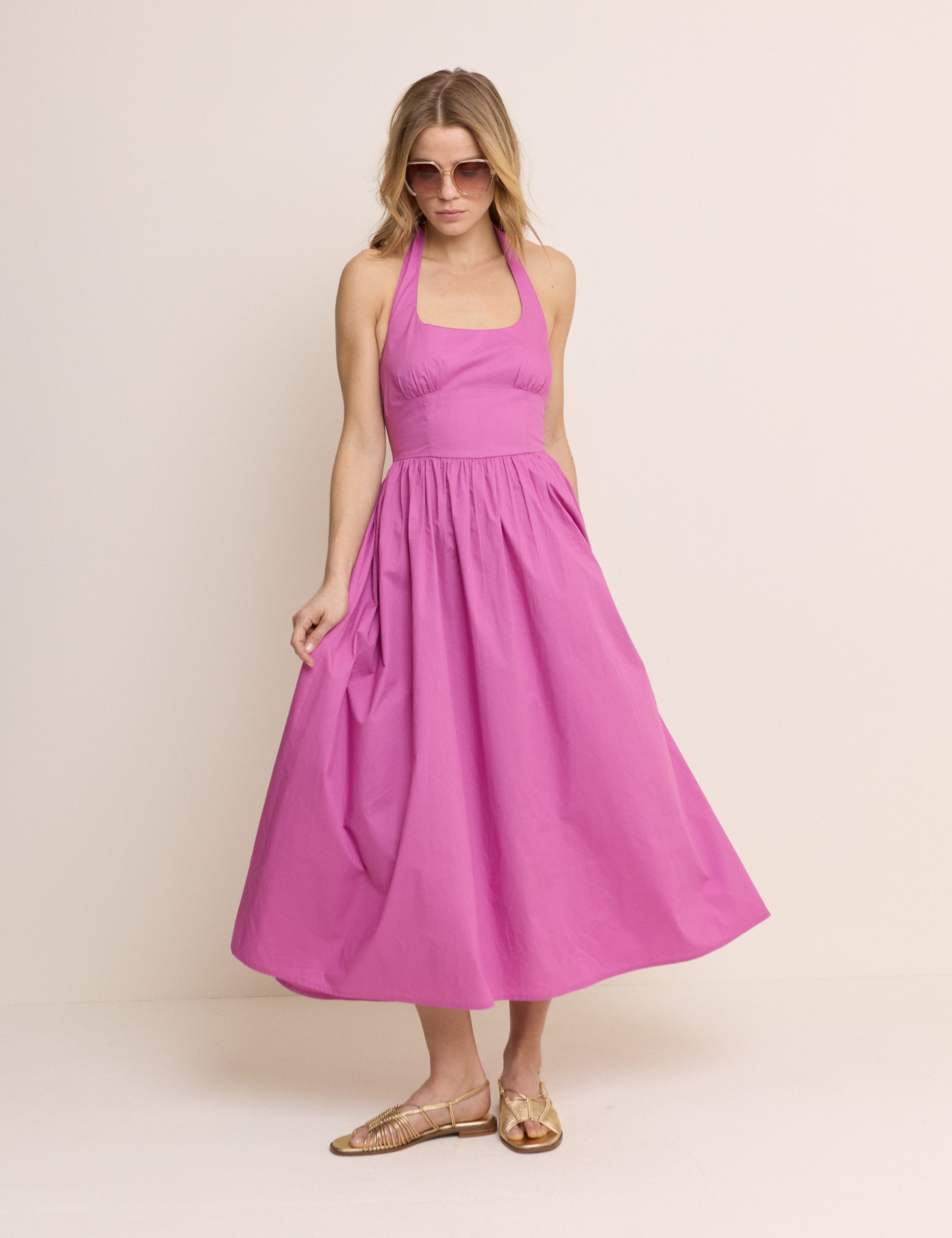 Pure Cotton Halter Neck Midi Skater Dress