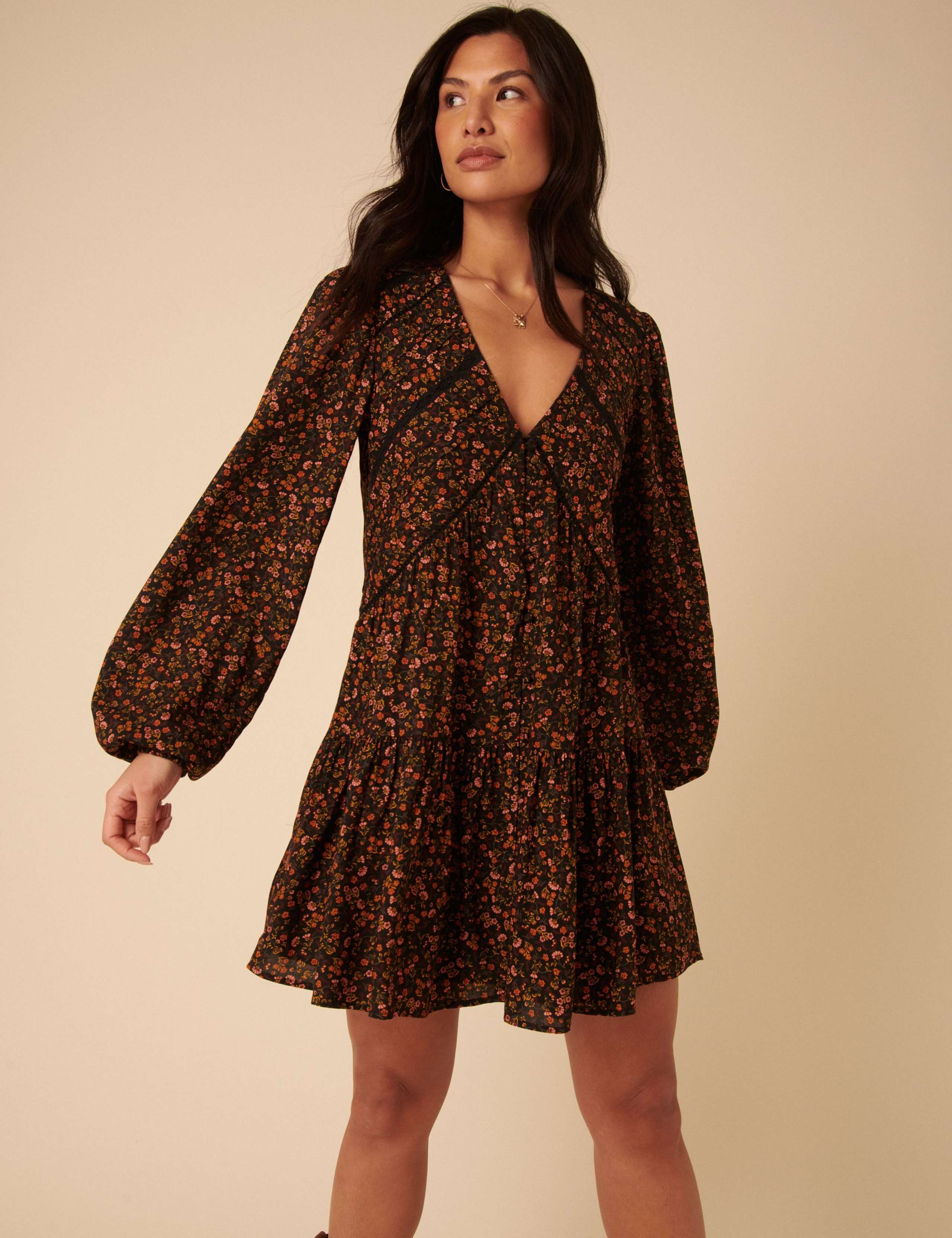 V Neck Broderie Mini Dress