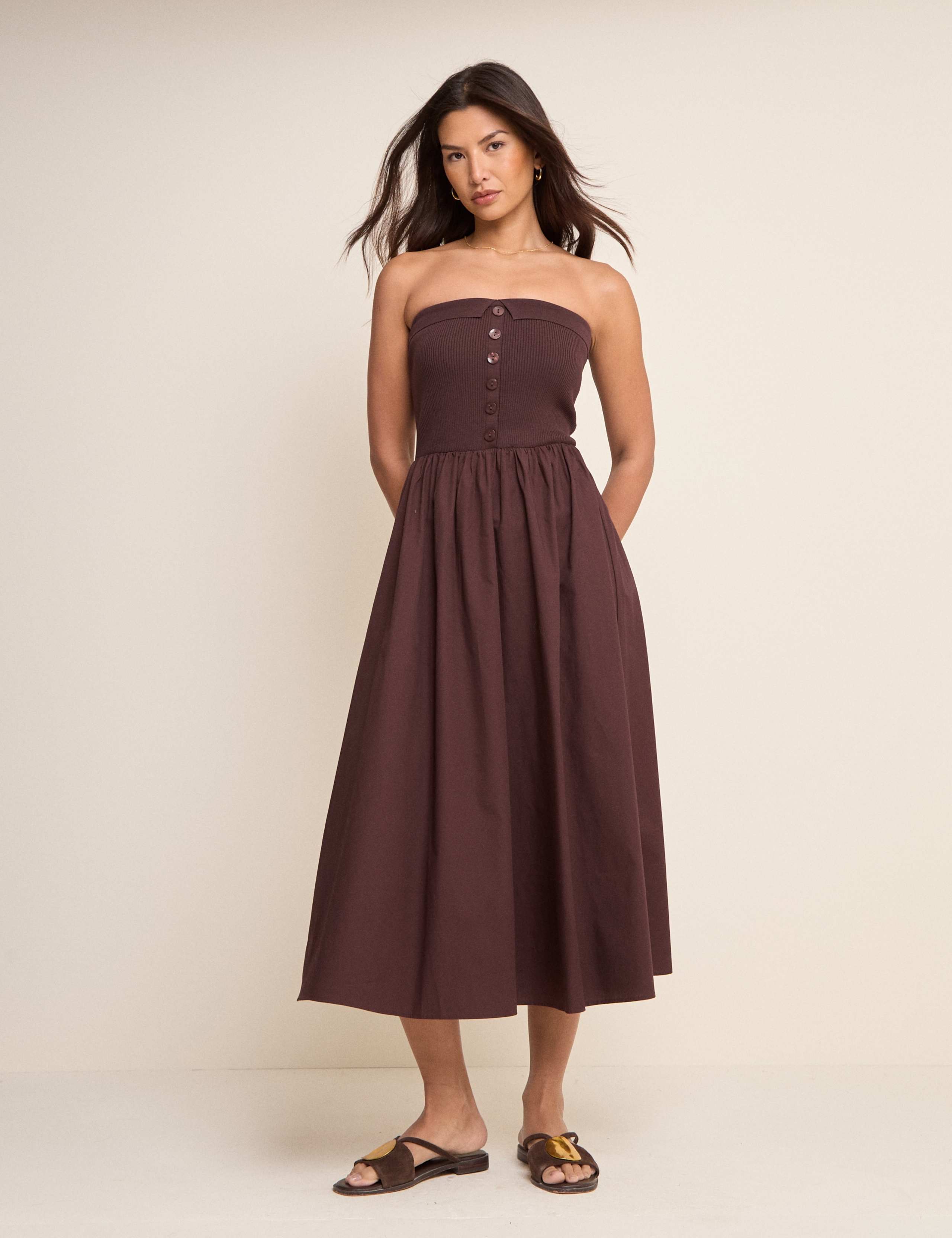 Bandeau Button Through Midi Waisted Dress