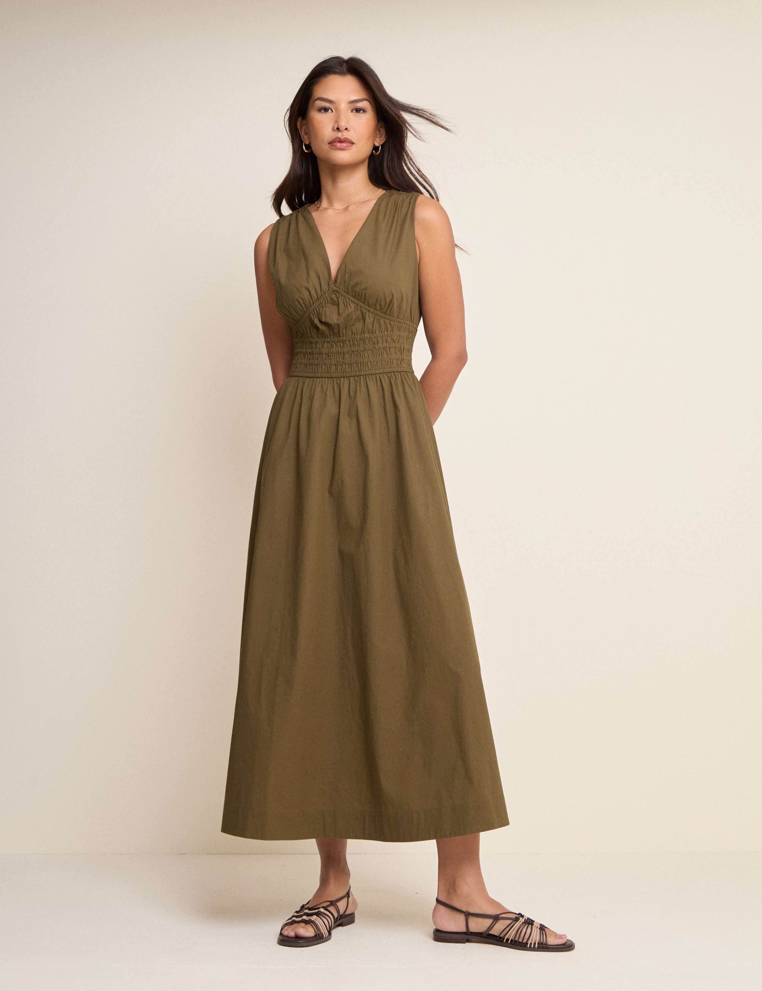 Pure Cotton V-Neck Midi Waisted Dress
