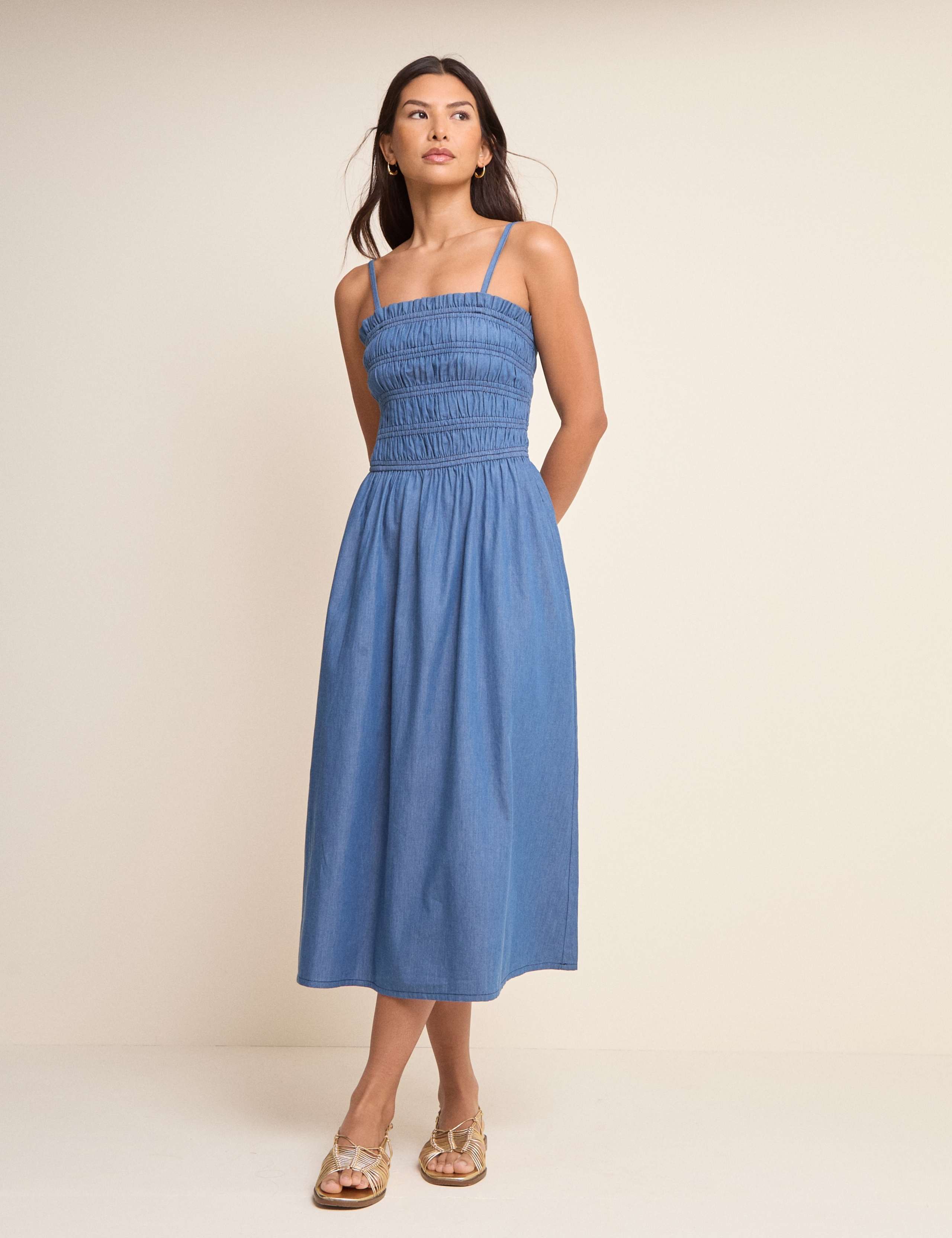 Denim Square Neck Midi Shirred Dress