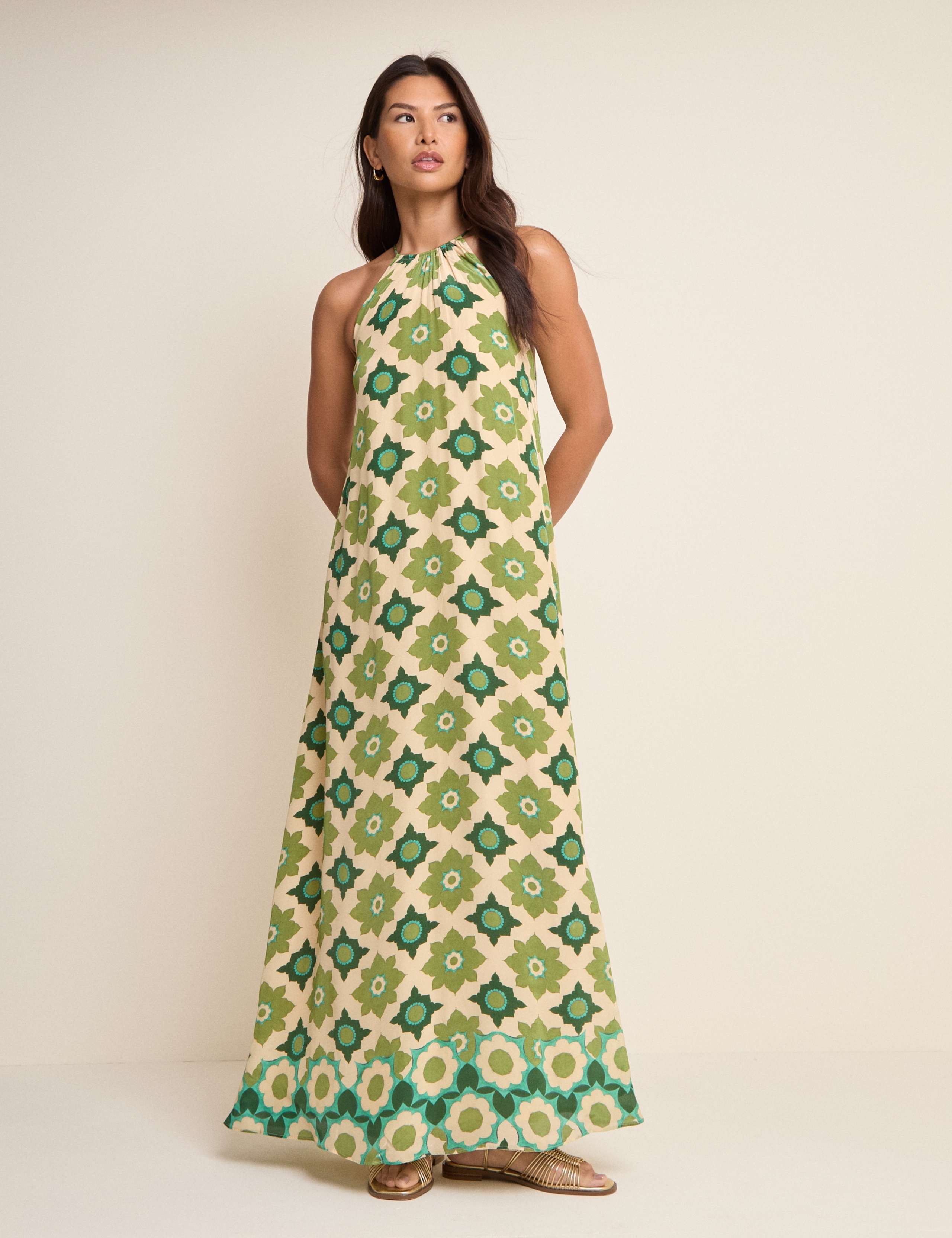 Printed Halter Neck Maxi Smock Dress