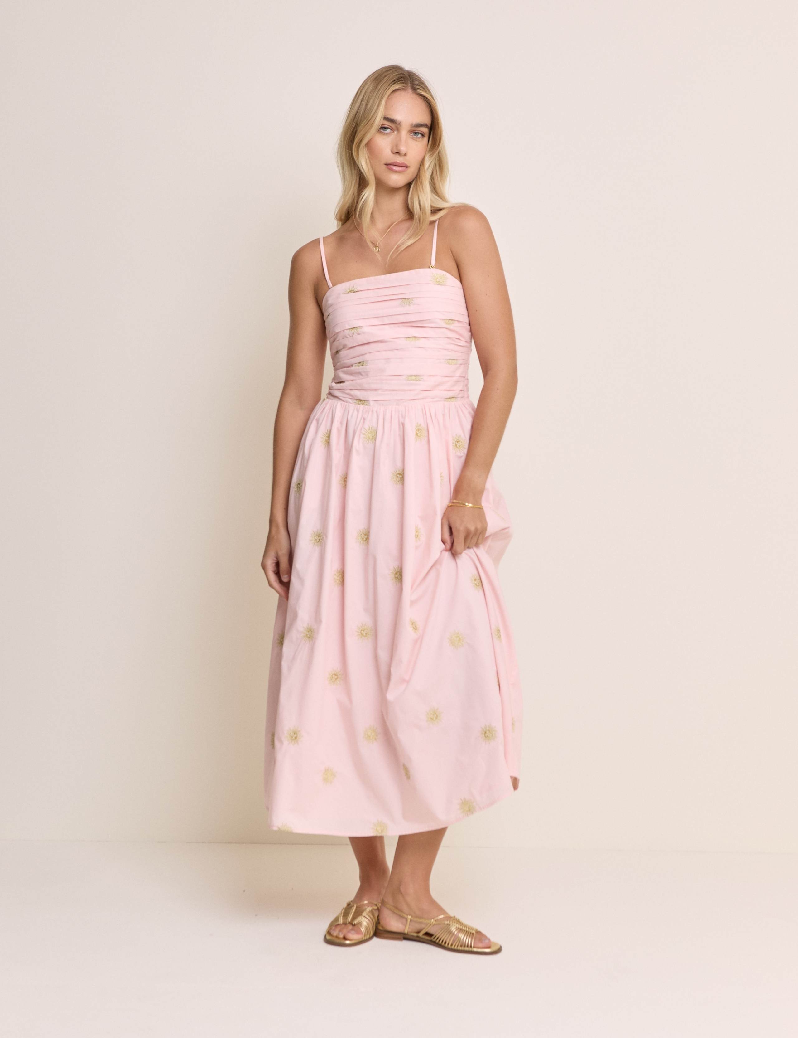 Pure Cotton Embroidered Midi Waisted Dress