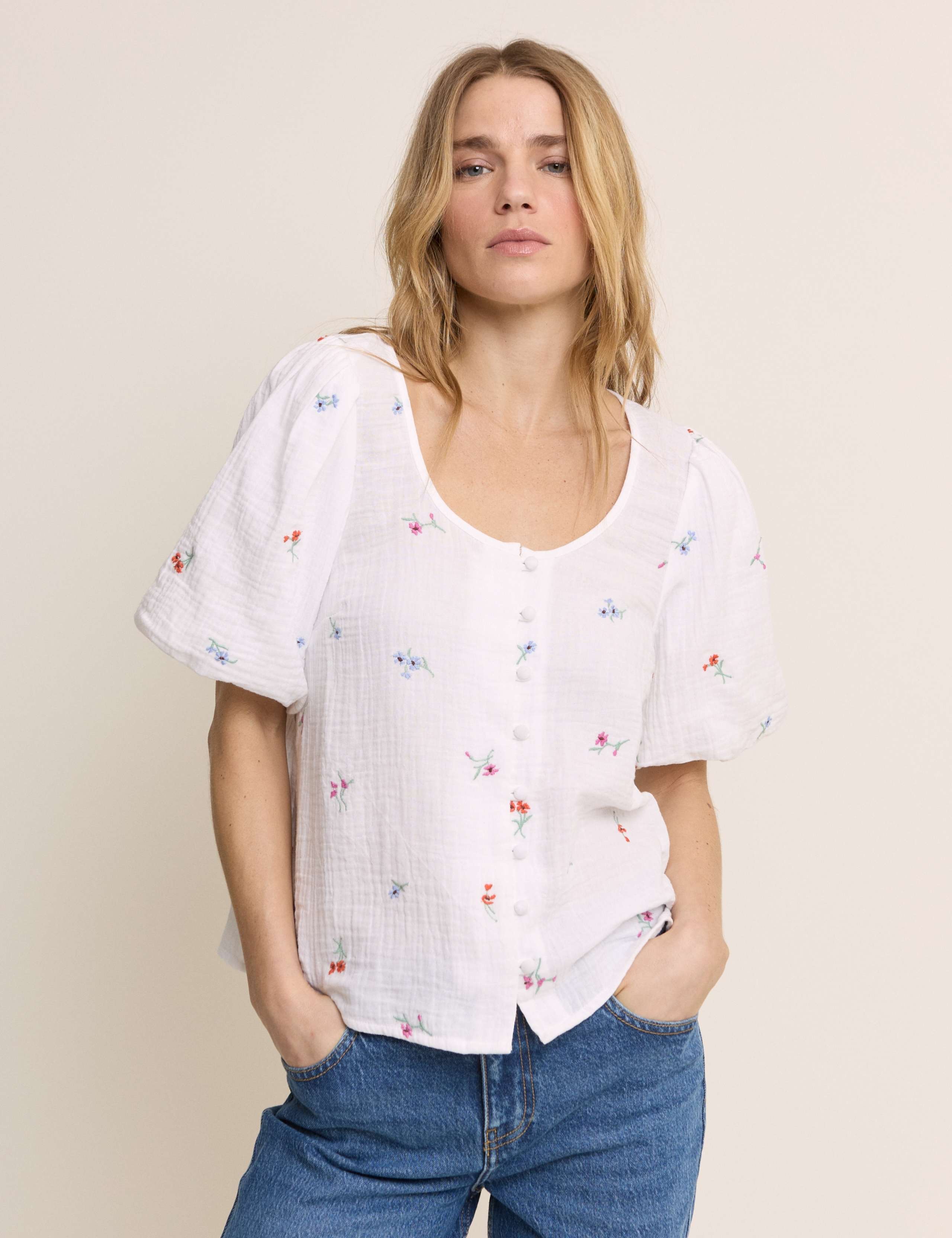 Pure Cotton Embroidered Puff Sleeve Blouse