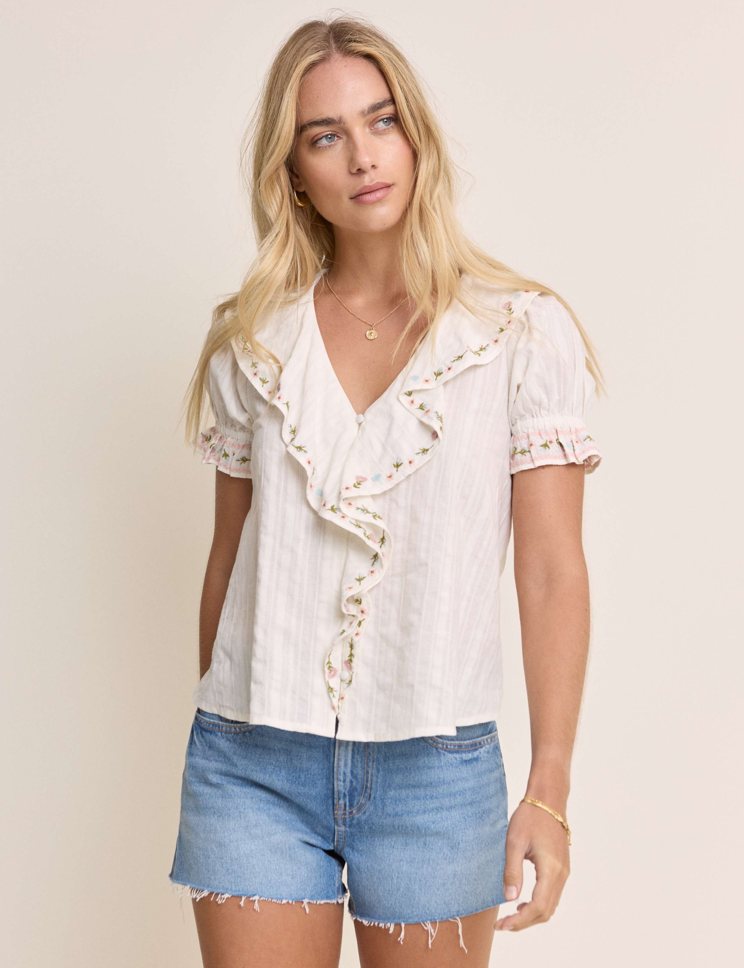 Pure Cotton Embroidered V-Neck Blouse