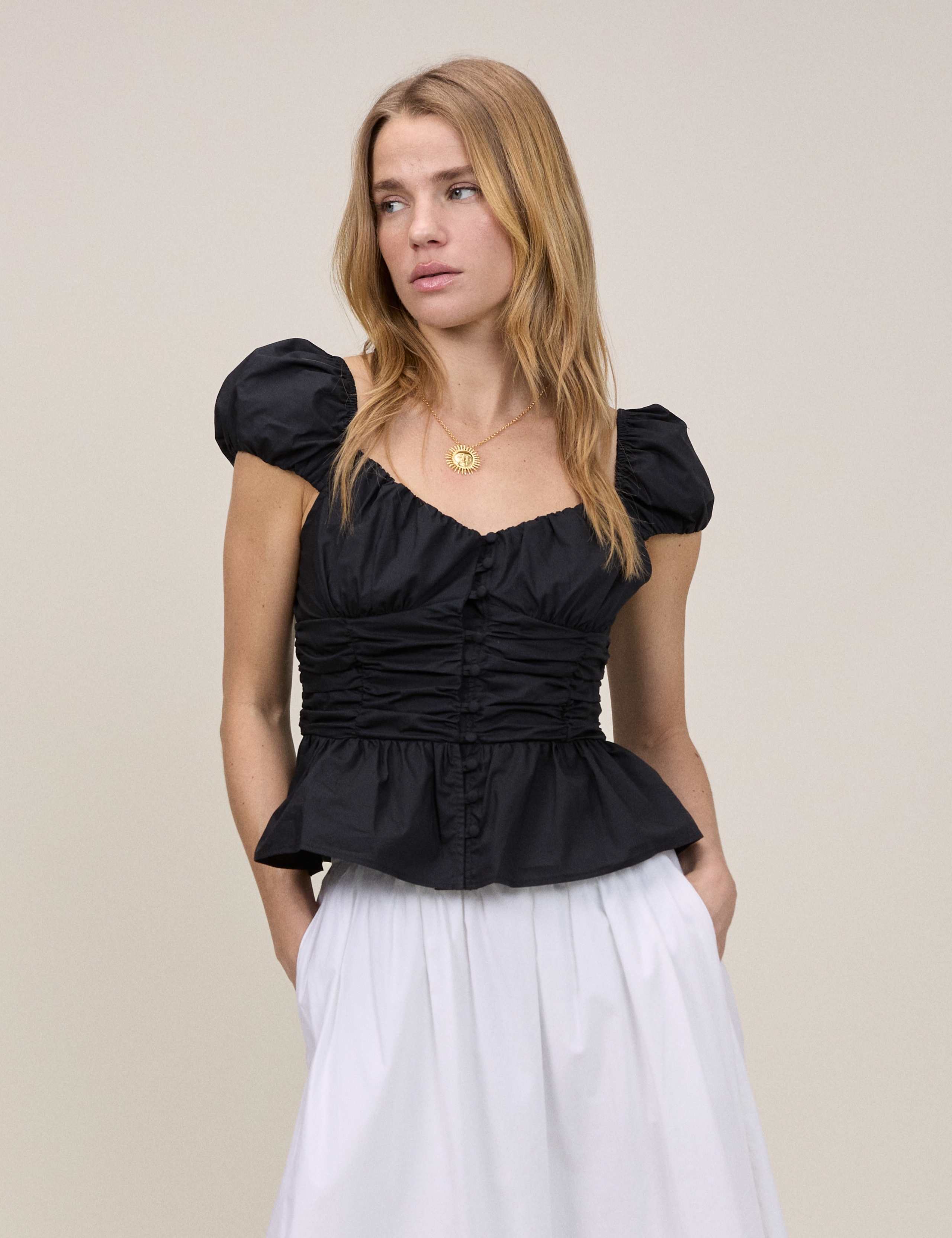 Pure Cotton V-Neck Puff Sleeve Top