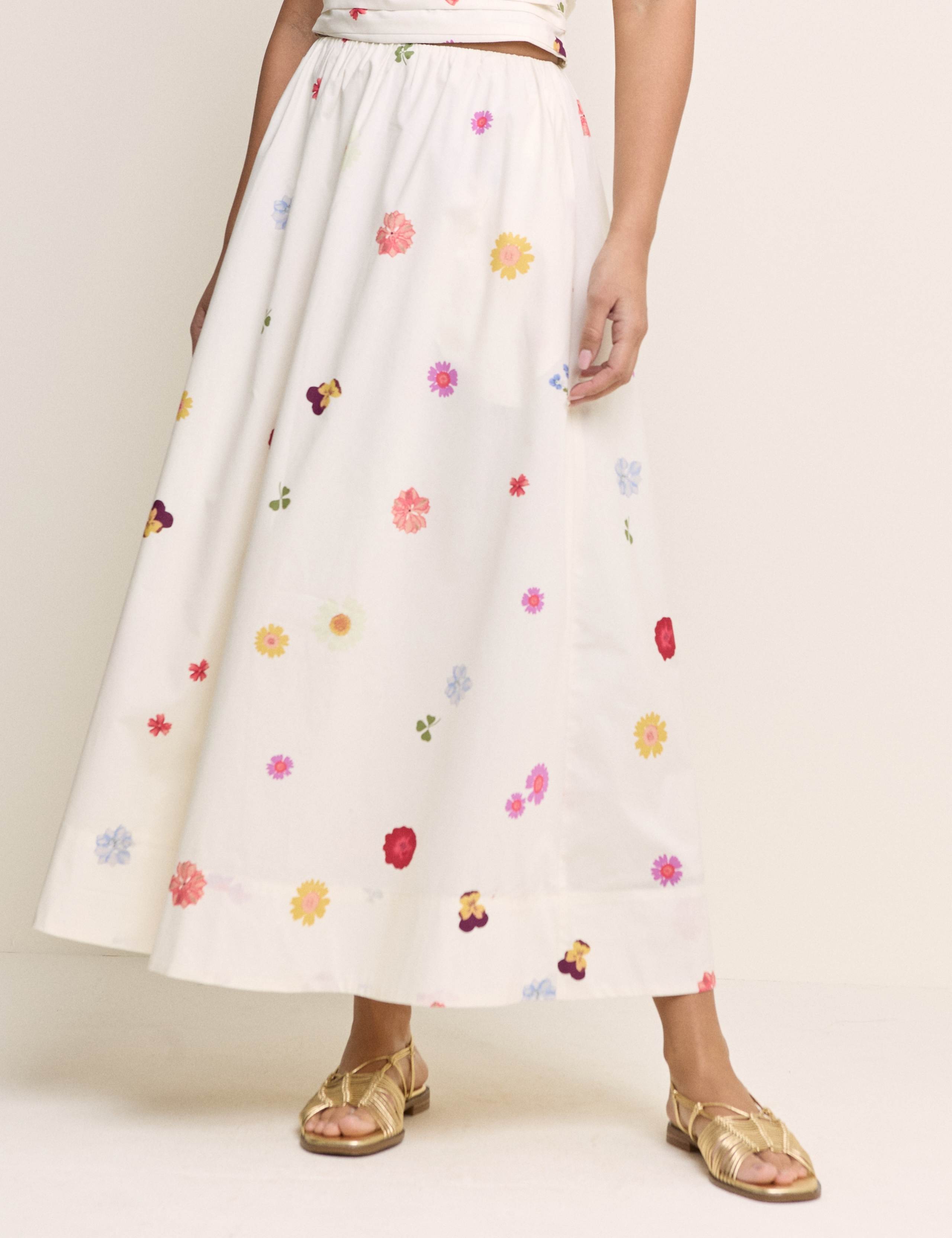 Pure Cotton Floral Midi A-Line Skirt