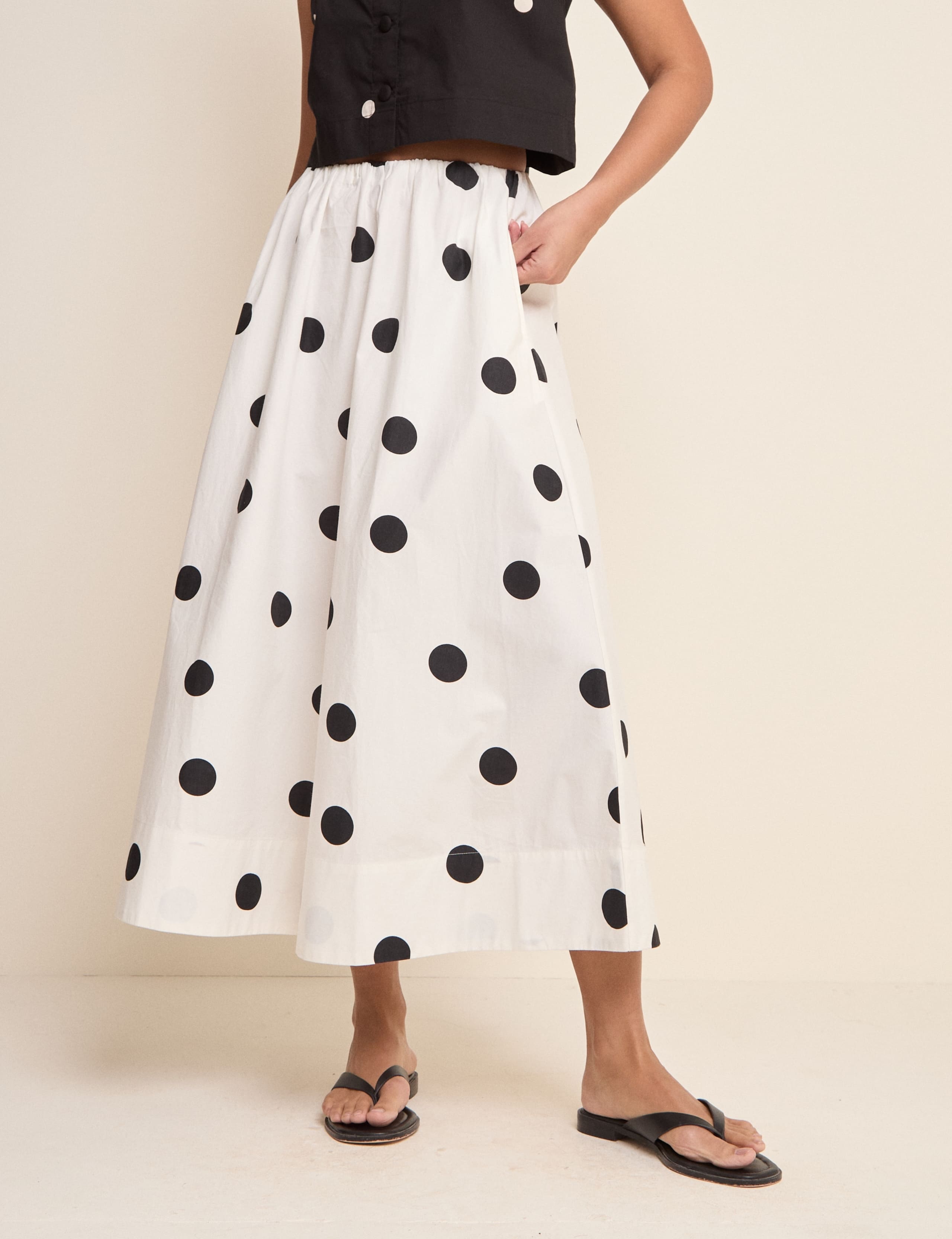Pure Cotton Polka Dot Midi A-Line Skirt