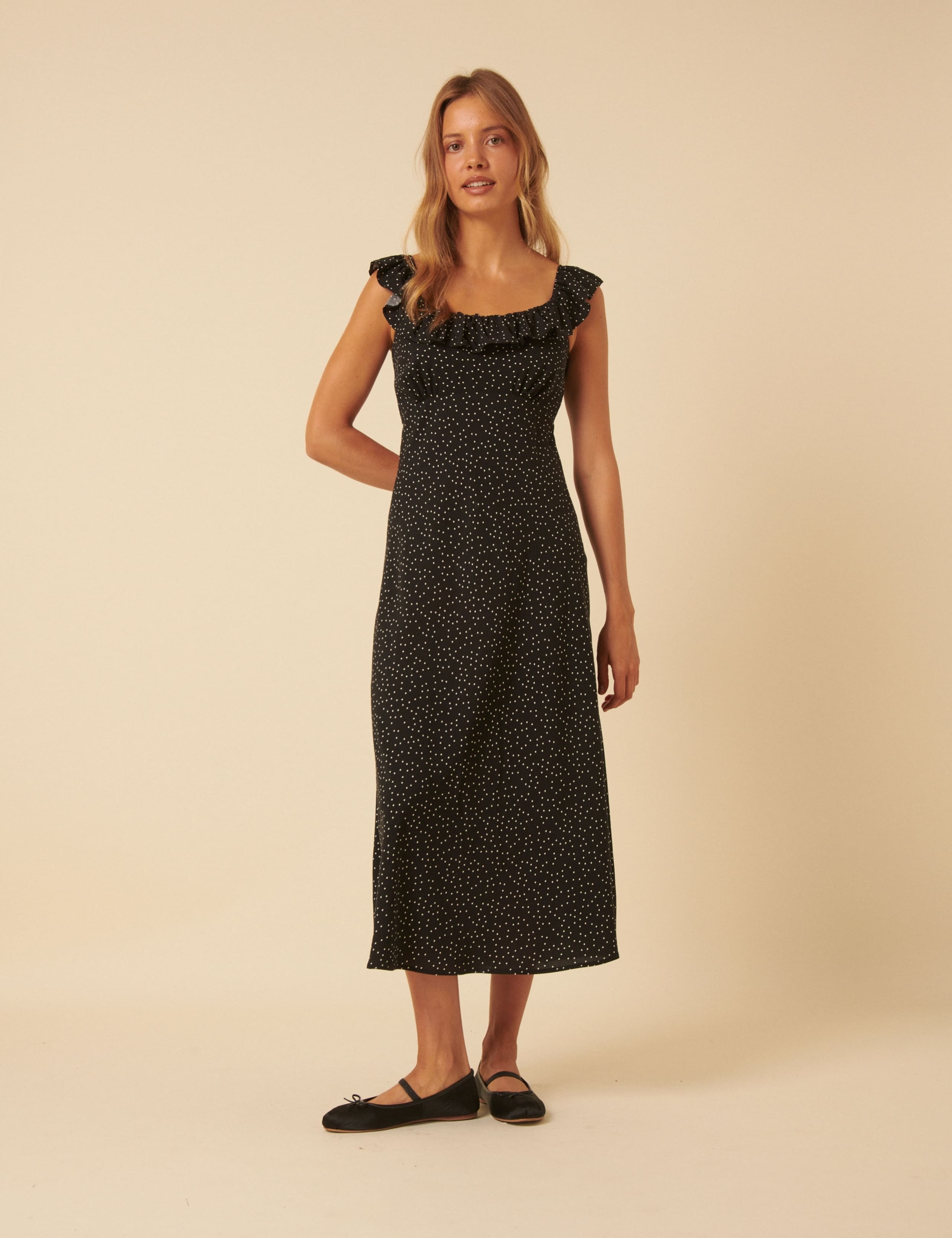 Polka Dot Ruffle Neck Midi Slip Dress