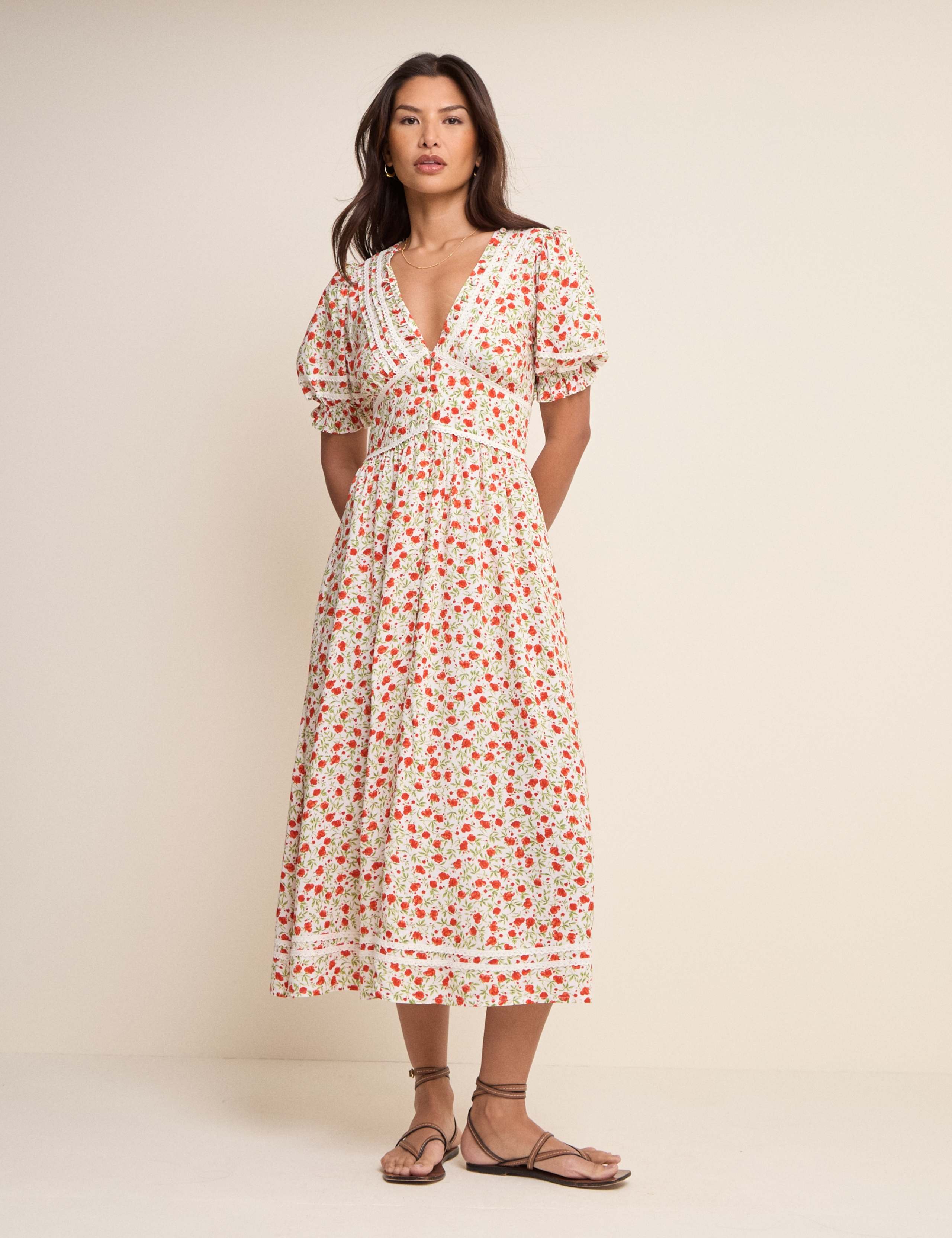 Floral V-Neck Puff Sleeve Midi Waisted Dress
