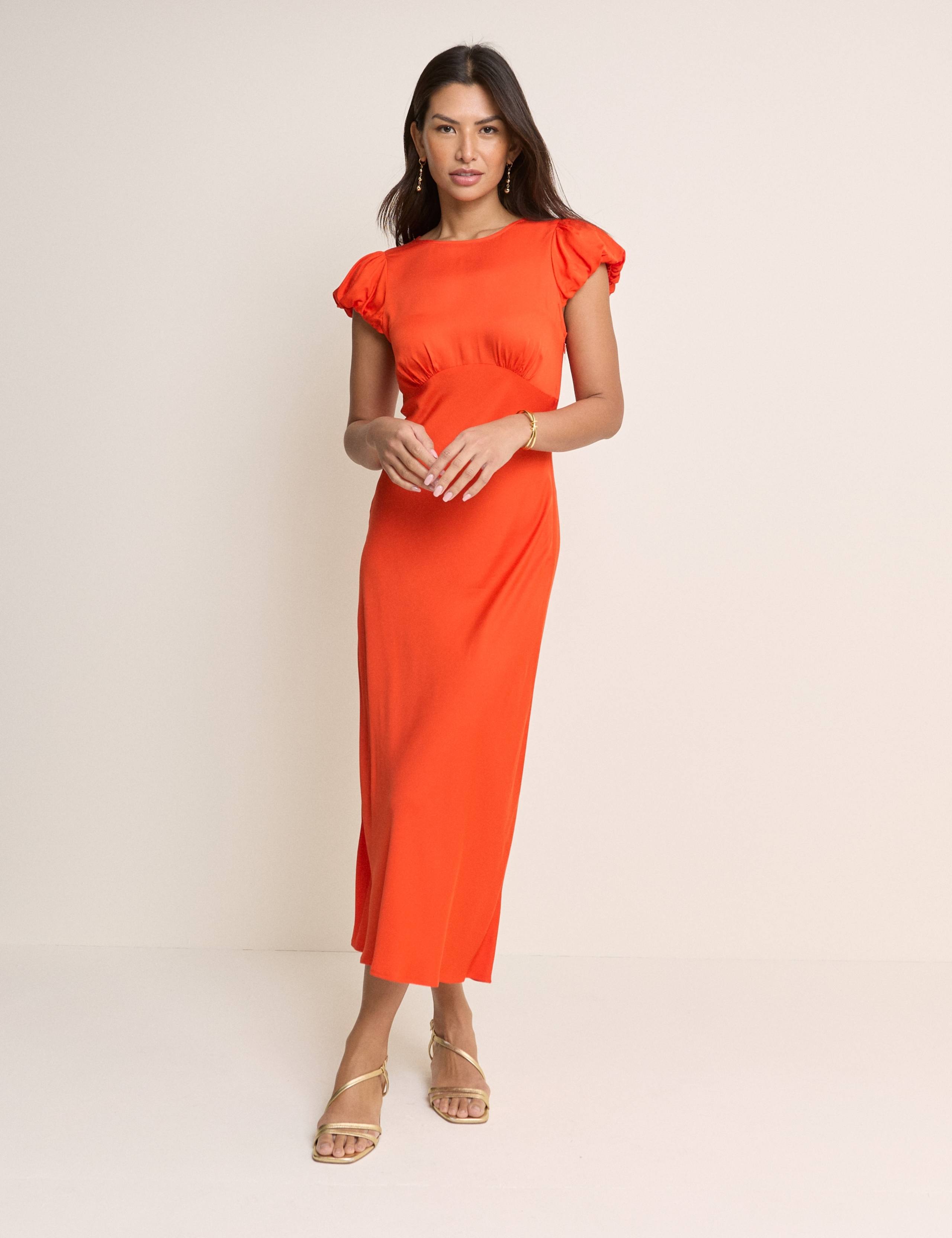 Round Neck Puff Sleeve Midi Waisted Dress