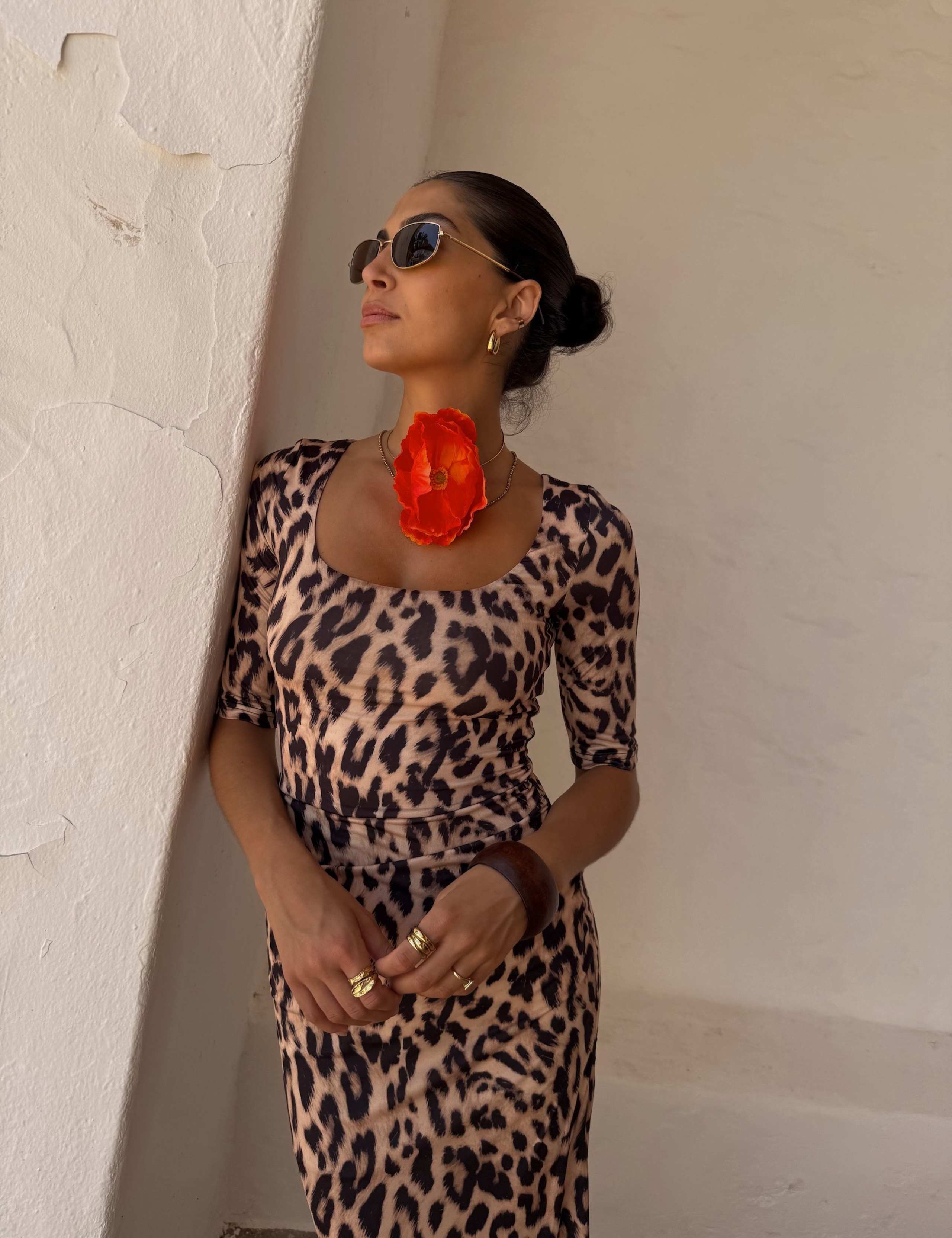 Leopard Print Scoop Neck Maxi Bodycon Dress