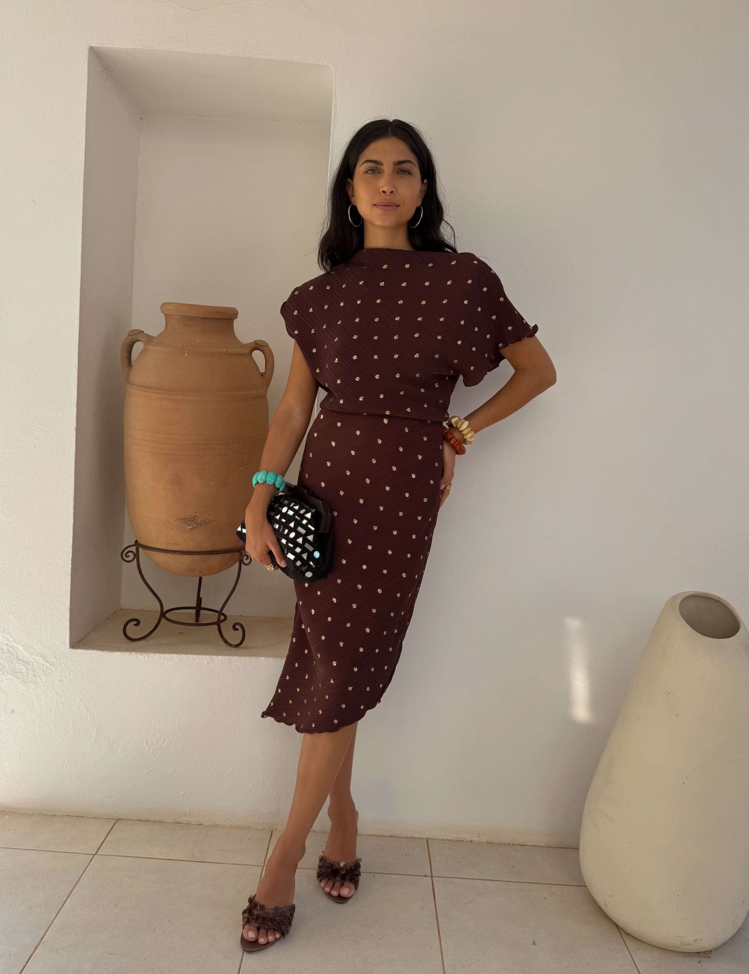 Plisse Printed Midi Waisted Dress