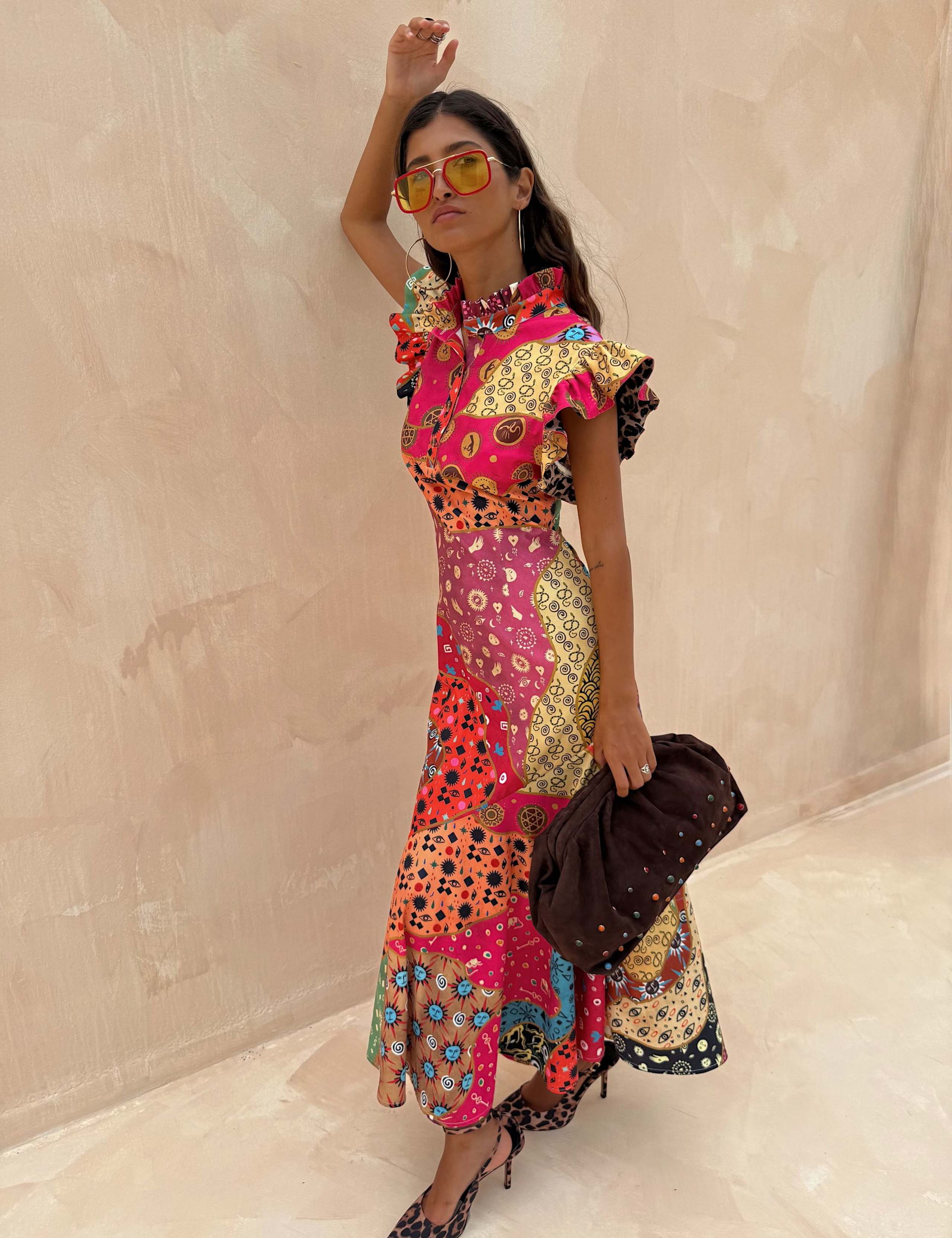 Printed High Neck Maxi Waisted Dress