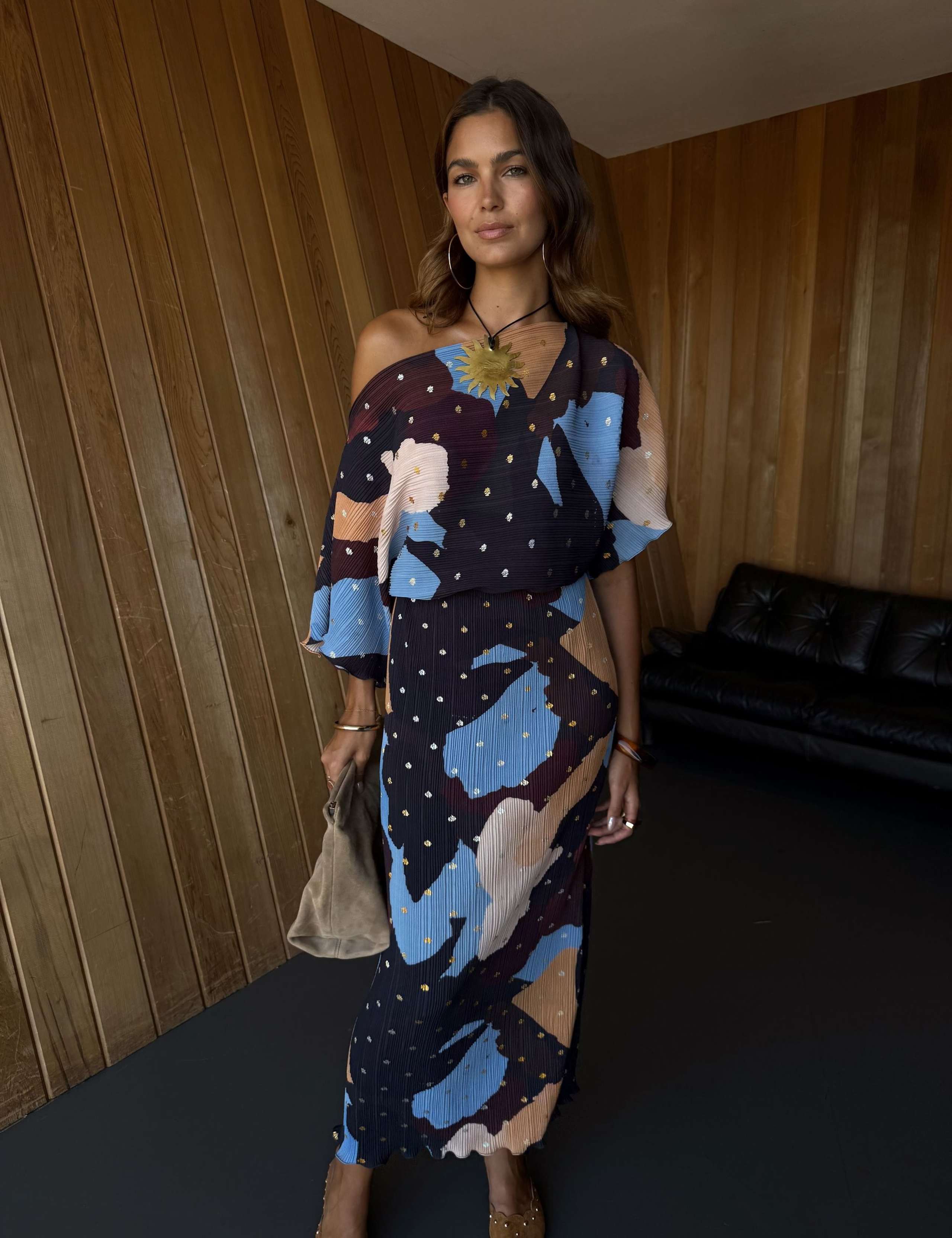 Plisse Abstract Print Maxi Waisted Dress