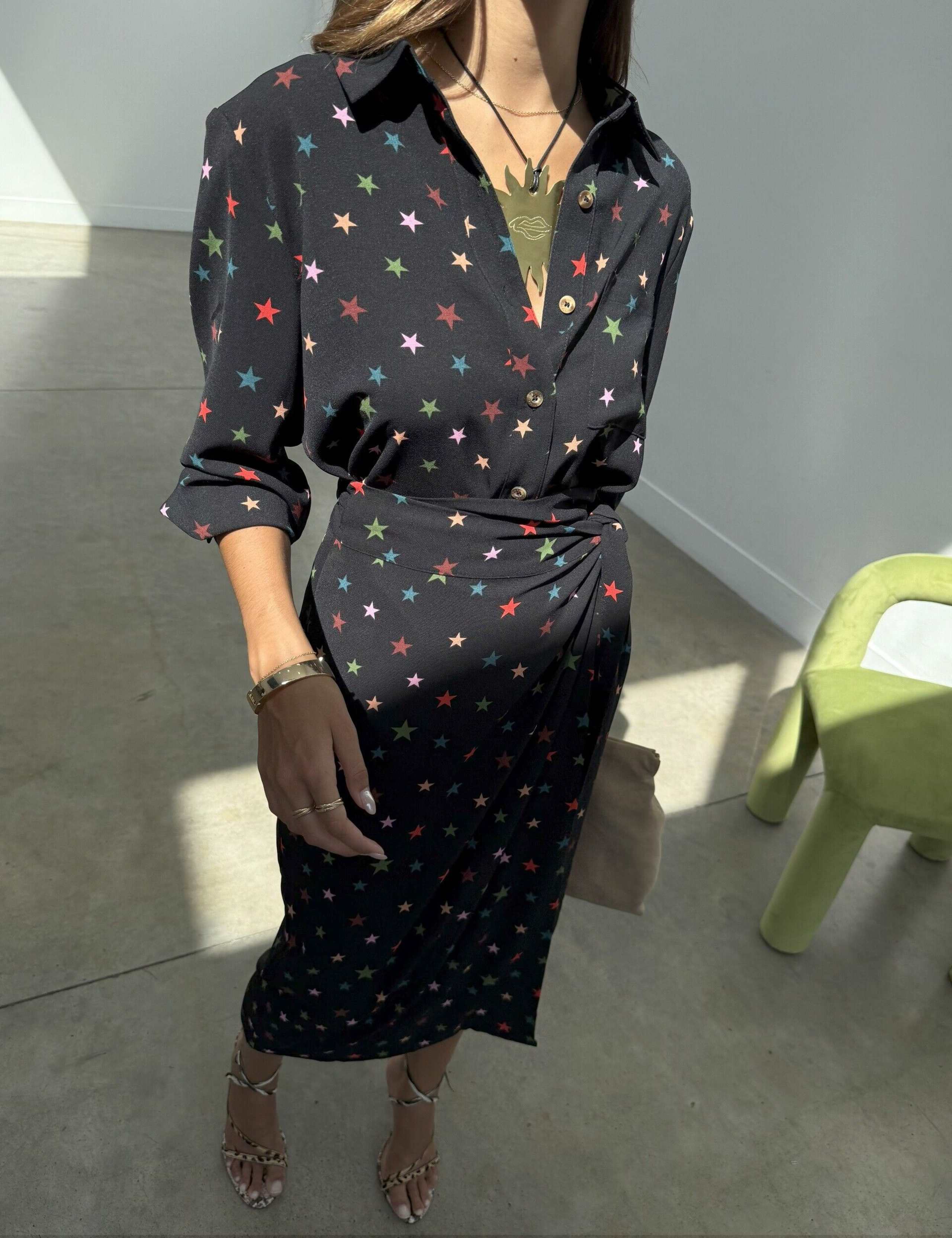 Star Print Midi Wrap Skirt