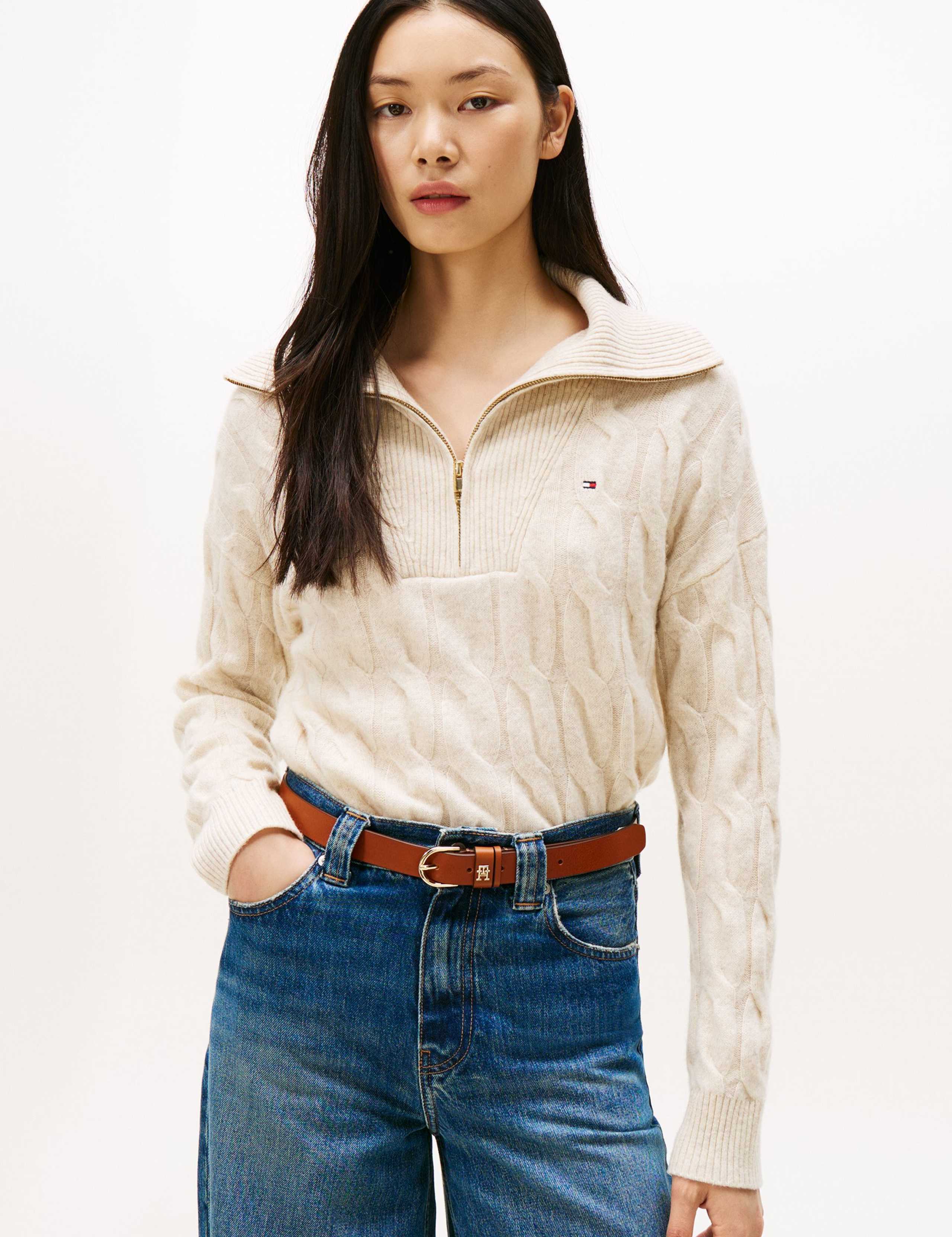 Pure Wool Cable Knit Half Zip Jumper
