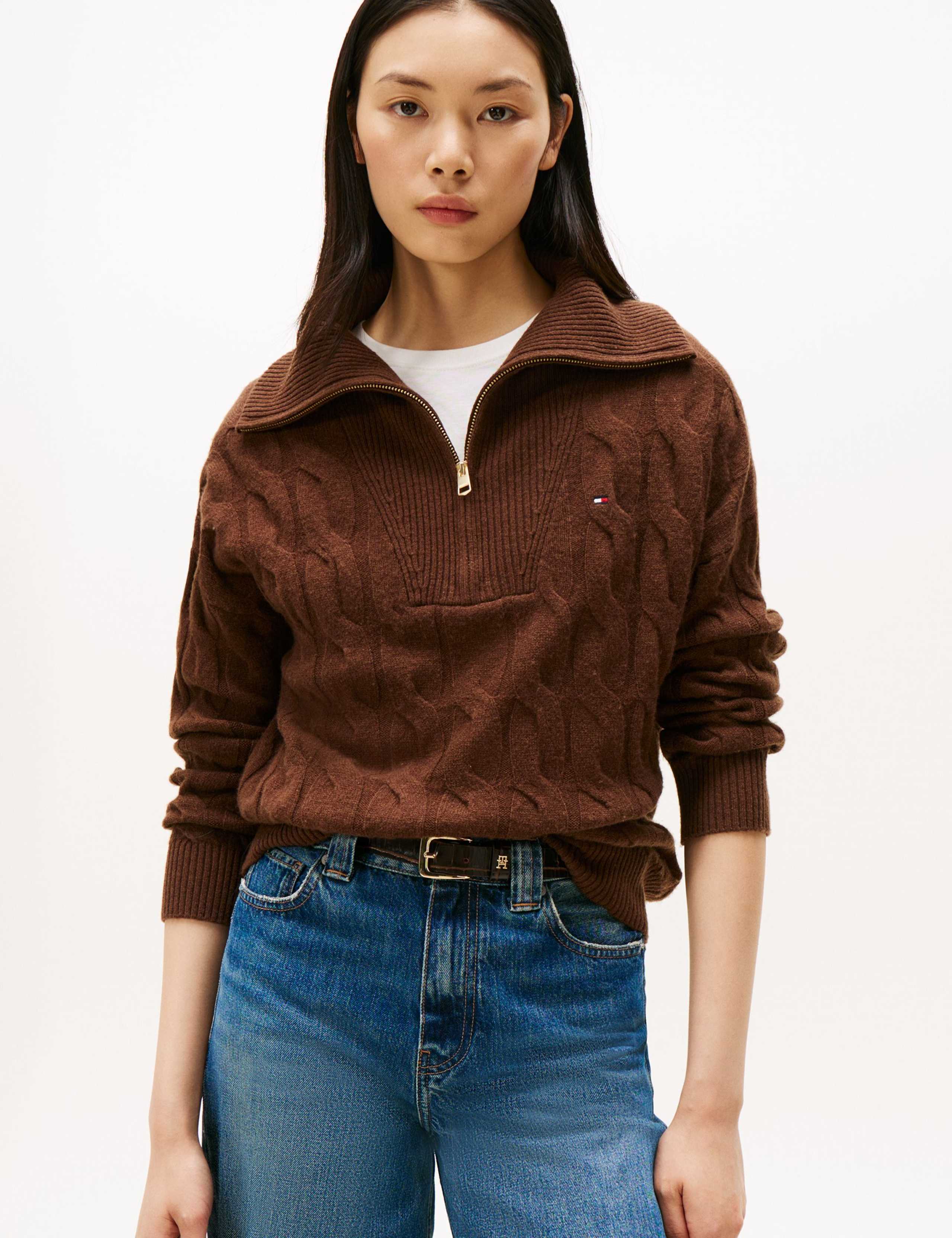 Pure Wool Cable Knit Half Zip Jumper