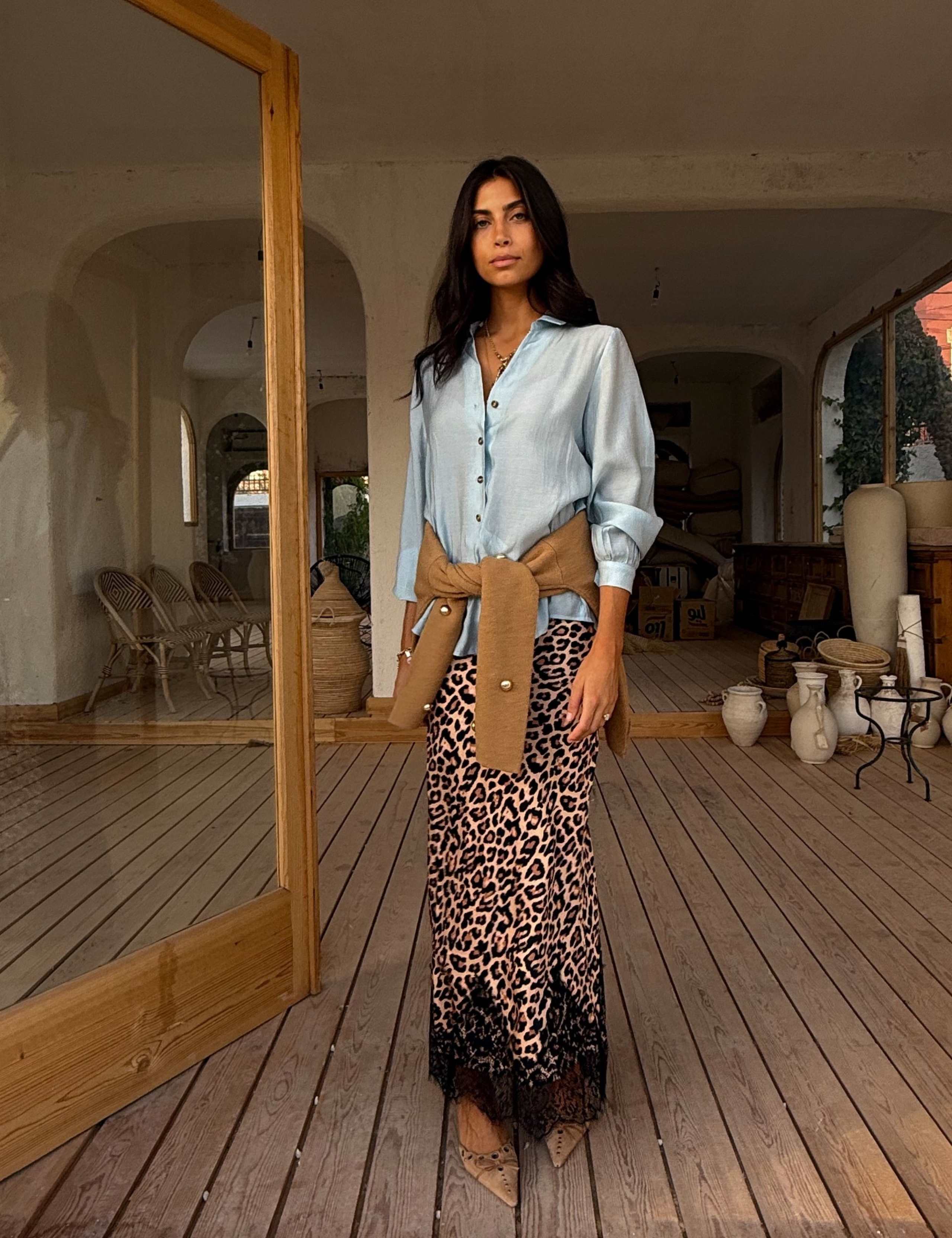 Animal Print Lace Detail Maxi Slip Skirt