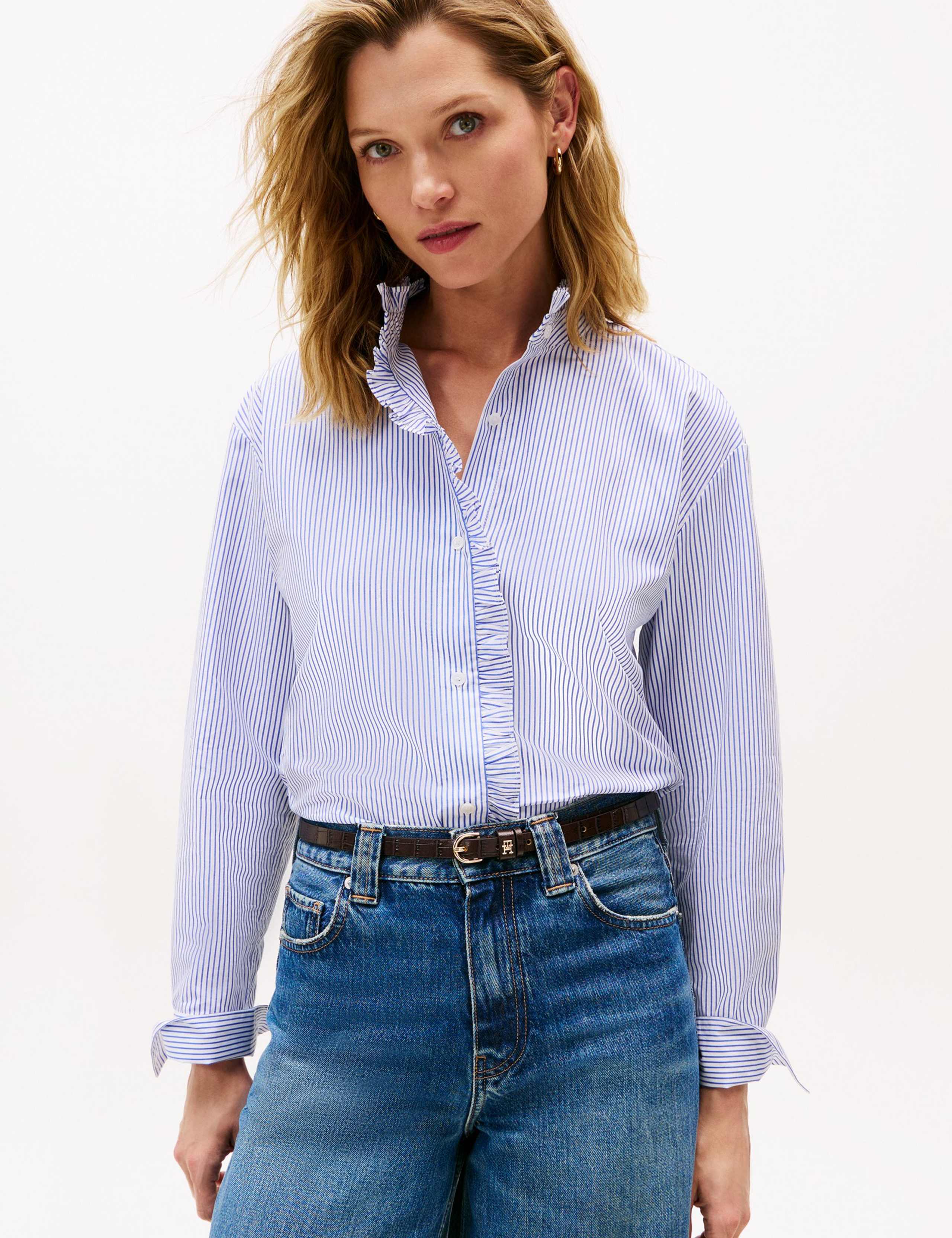 Pure Cotton Striped Ruffle Shirt