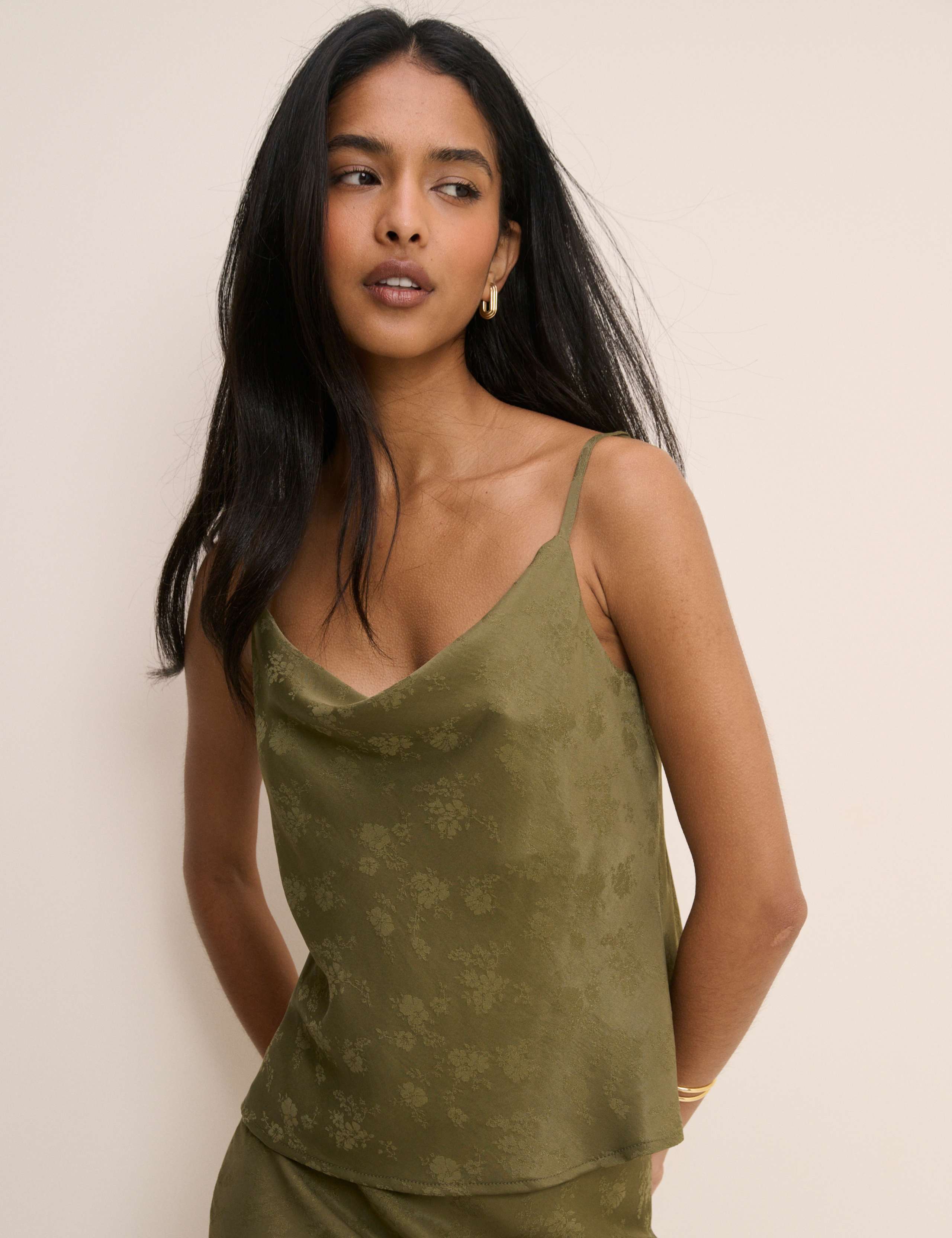 Satin Floral Jacquard Cowl Neck Cami Top