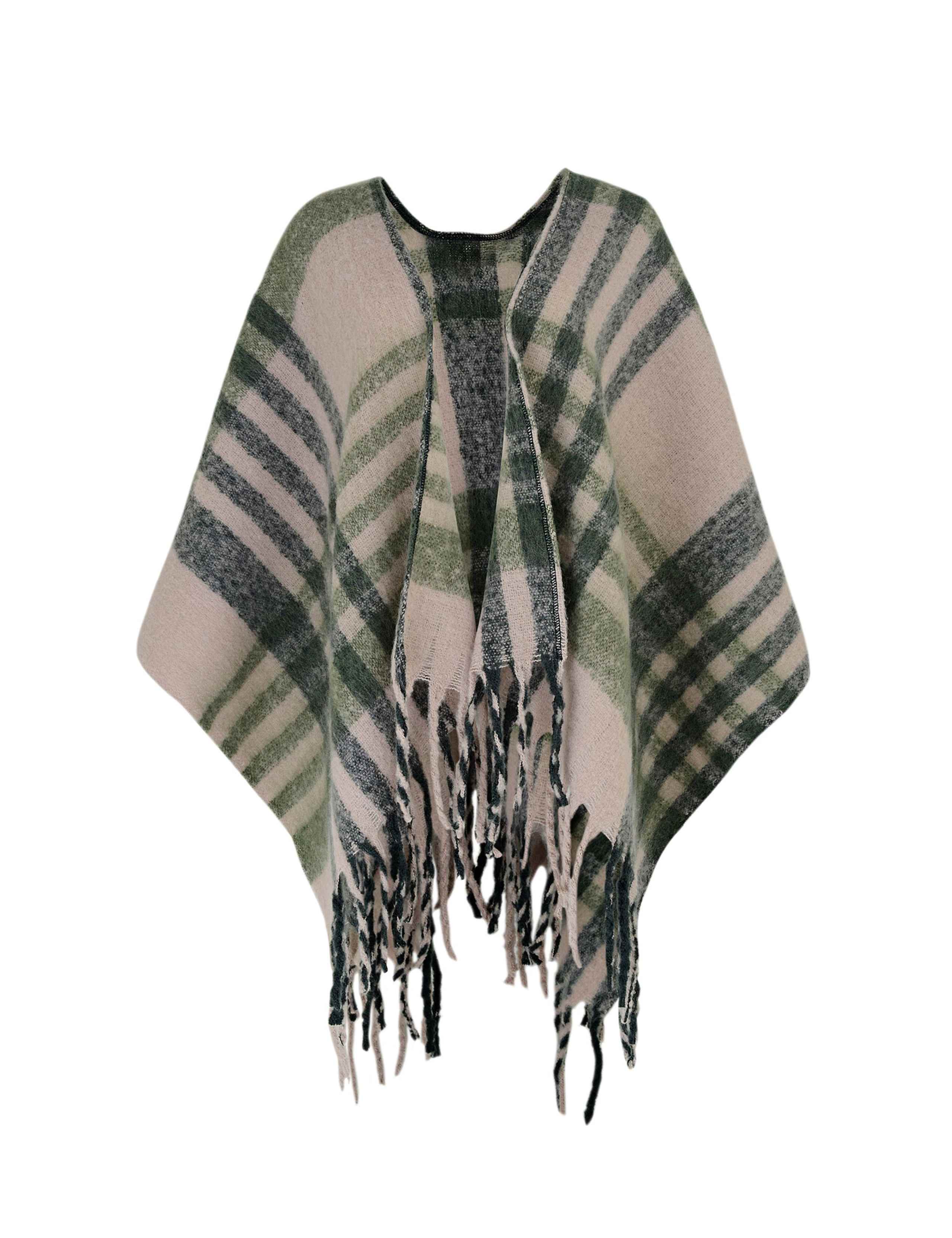 Checked Fringed Poncho with Wool